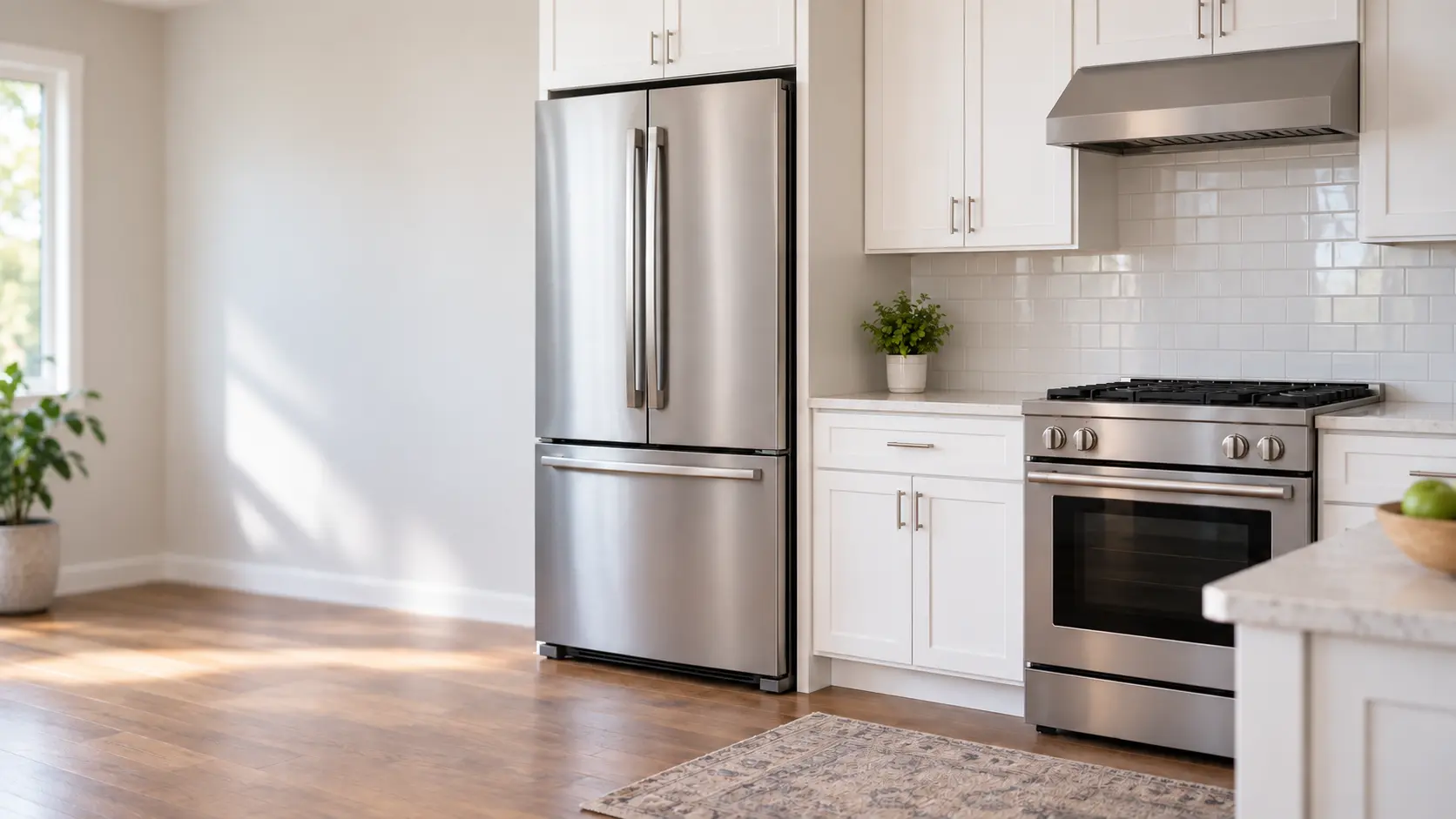 A home kitchen with a refrigerator and a range and white shaker cabinets, seen close at the appliance being serviced.