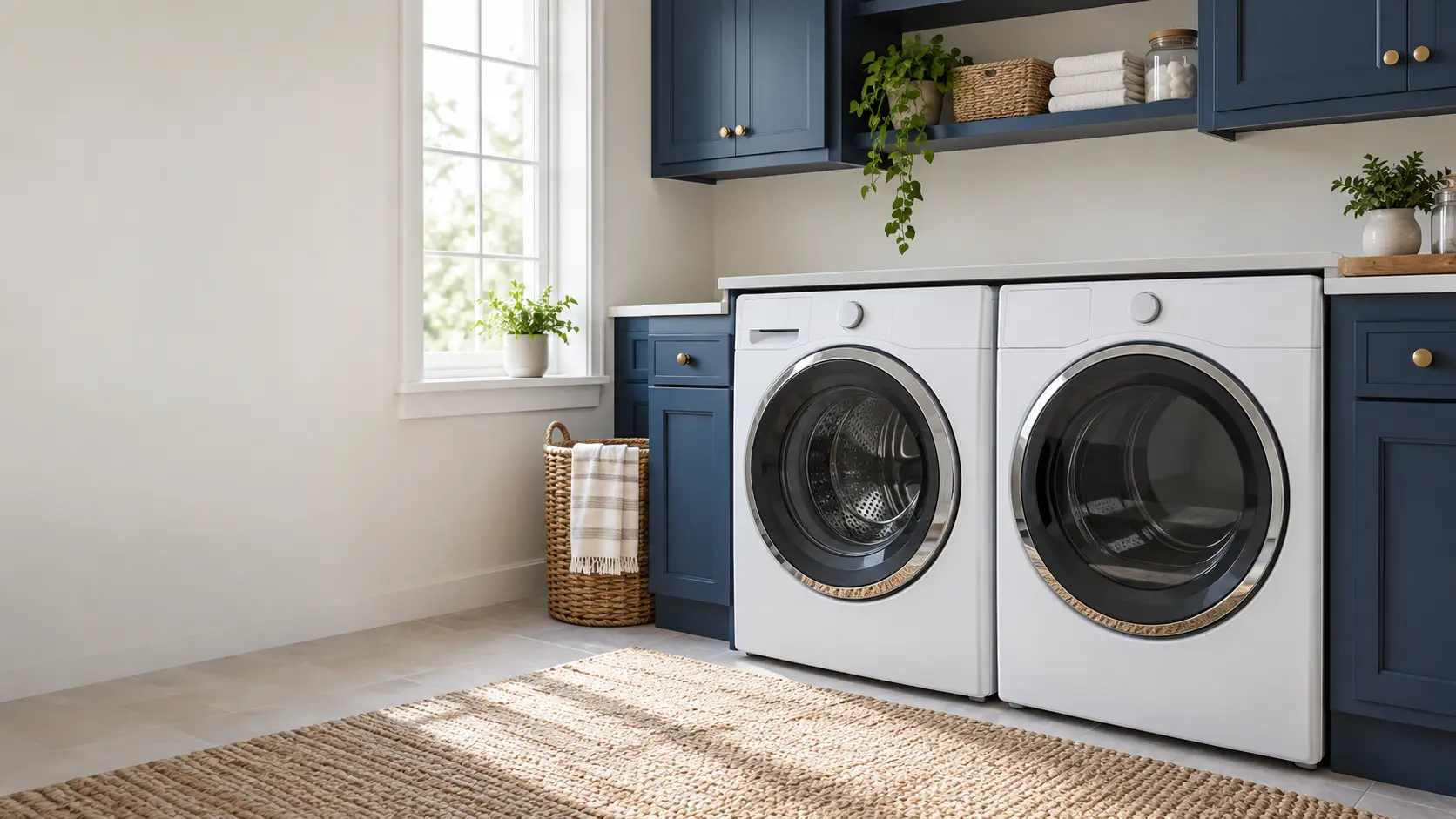 A home laundry room with a washer and dryer and navy painted cabinets, seen close at the appliance being serviced.