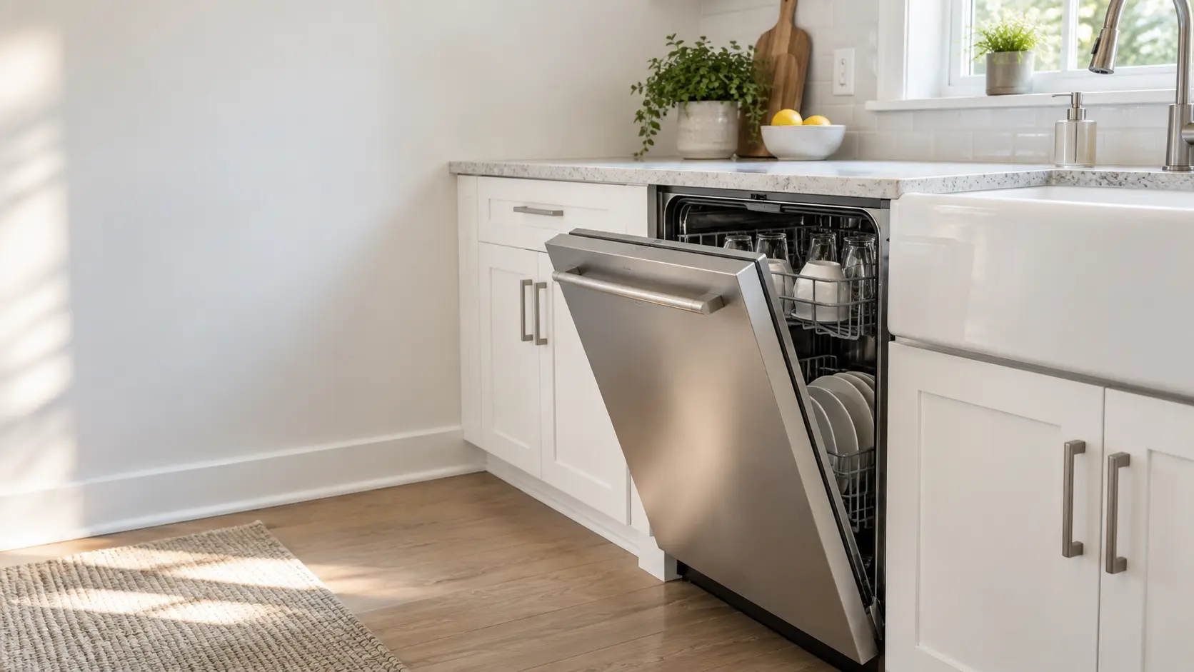 A home kitchen with a dishwasher beside the sink and white shaker cabinets, seen close at the appliance being serviced.