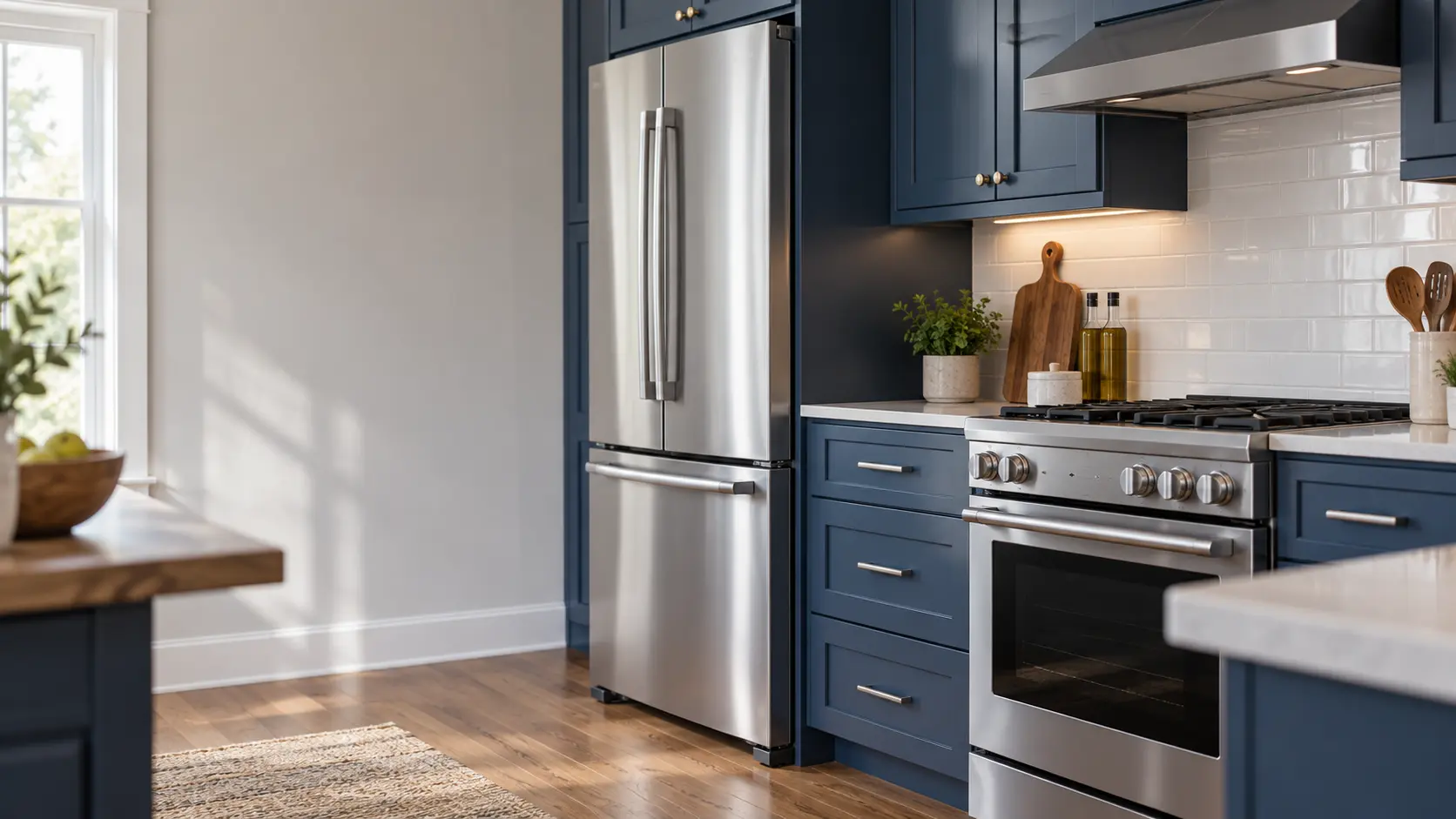 A home kitchen with a refrigerator and a range and navy painted cabinets, seen close at the appliance being serviced.
