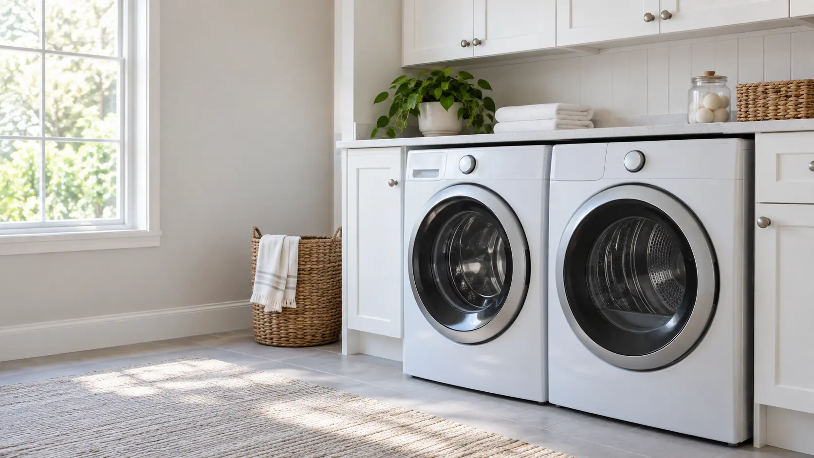 A home laundry room with a washer and dryer and white shaker cabinets, seen close at the appliance being serviced.
