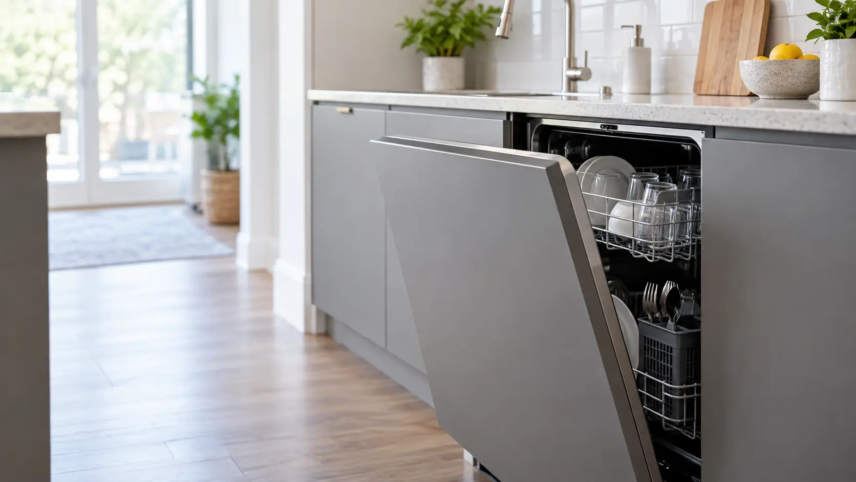 A home kitchen with a dishwasher beside the sink and gray slab cabinets, seen close at the appliance being serviced.