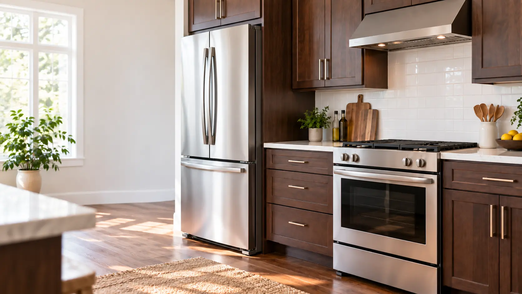 A home kitchen with a refrigerator and a range and dark walnut cabinets, seen close at the appliance being serviced.