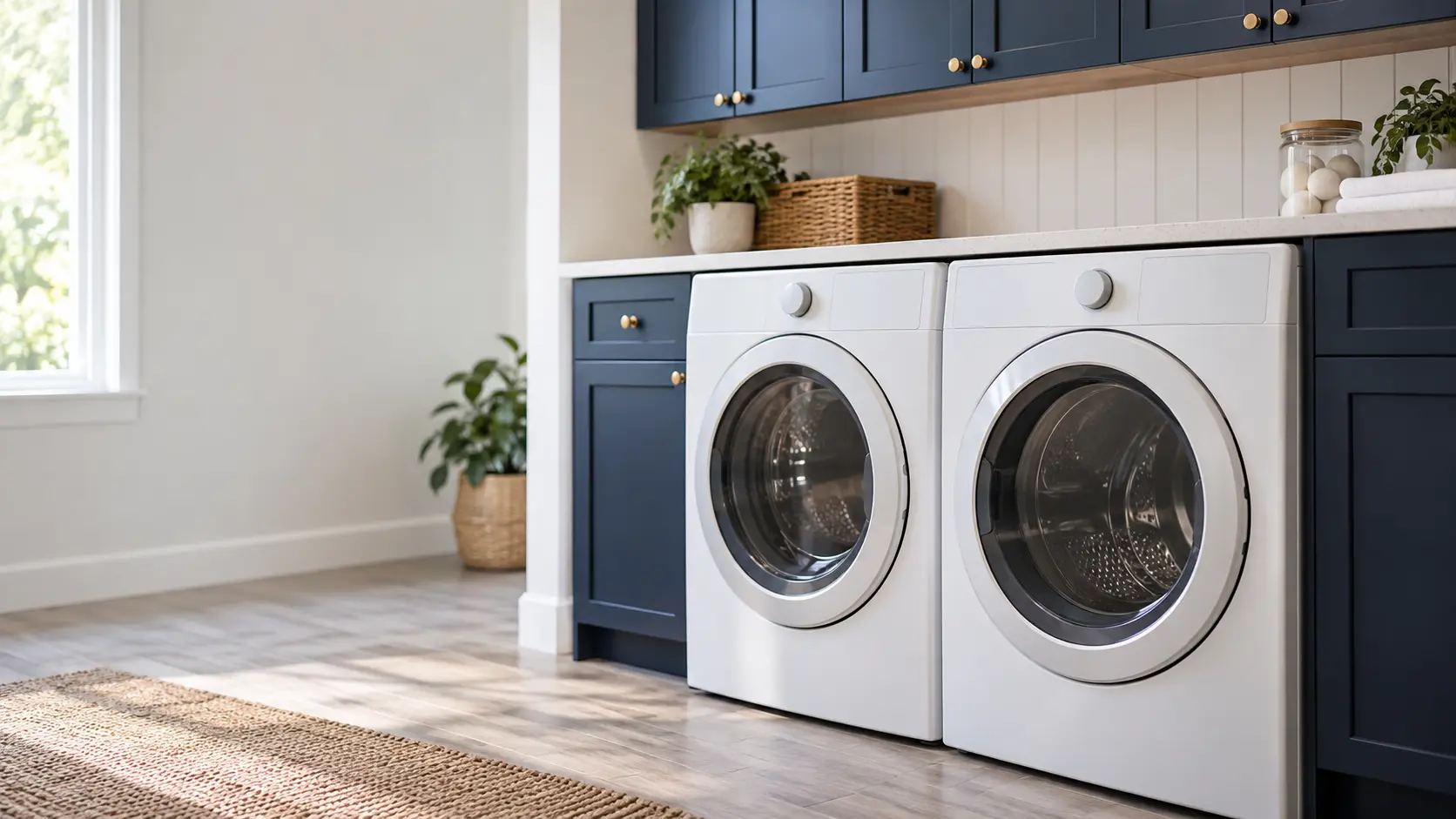 A home laundry room with a washer and dryer and navy painted cabinets, seen close at the appliance being serviced.
