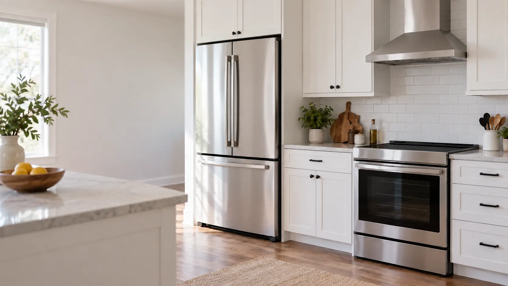 A home kitchen with a refrigerator and a range and white shaker cabinets, seen close at the appliance being serviced.