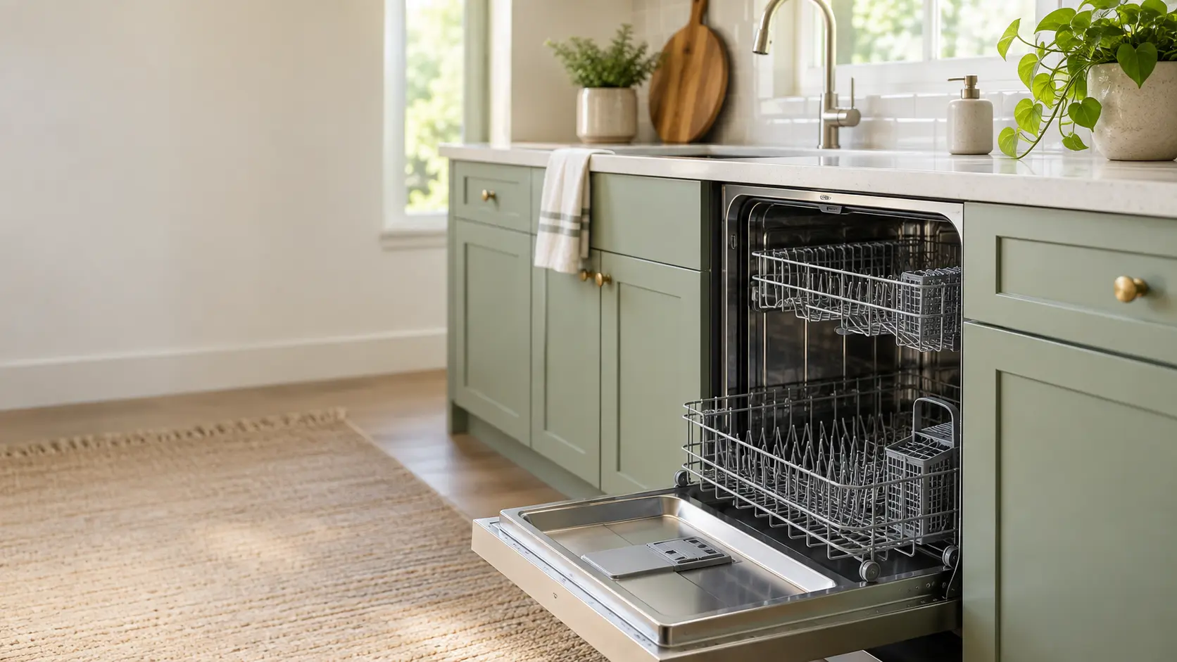 A home kitchen with a dishwasher beside the sink and sage green cabinets, seen close at the appliance being serviced.