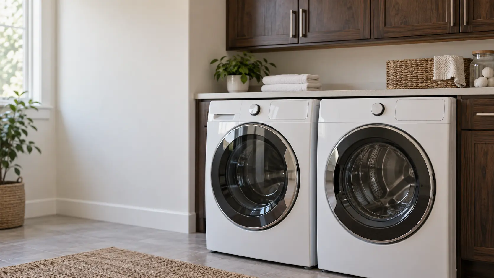 A home laundry room with a washer and dryer and dark walnut cabinets, seen close at the appliance being serviced.