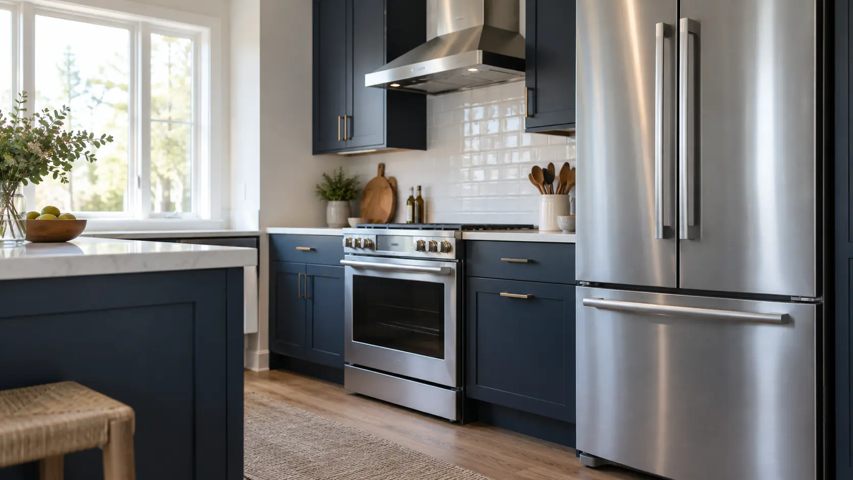 A home kitchen with a refrigerator and a range and navy painted cabinets, seen close at the appliance being serviced.