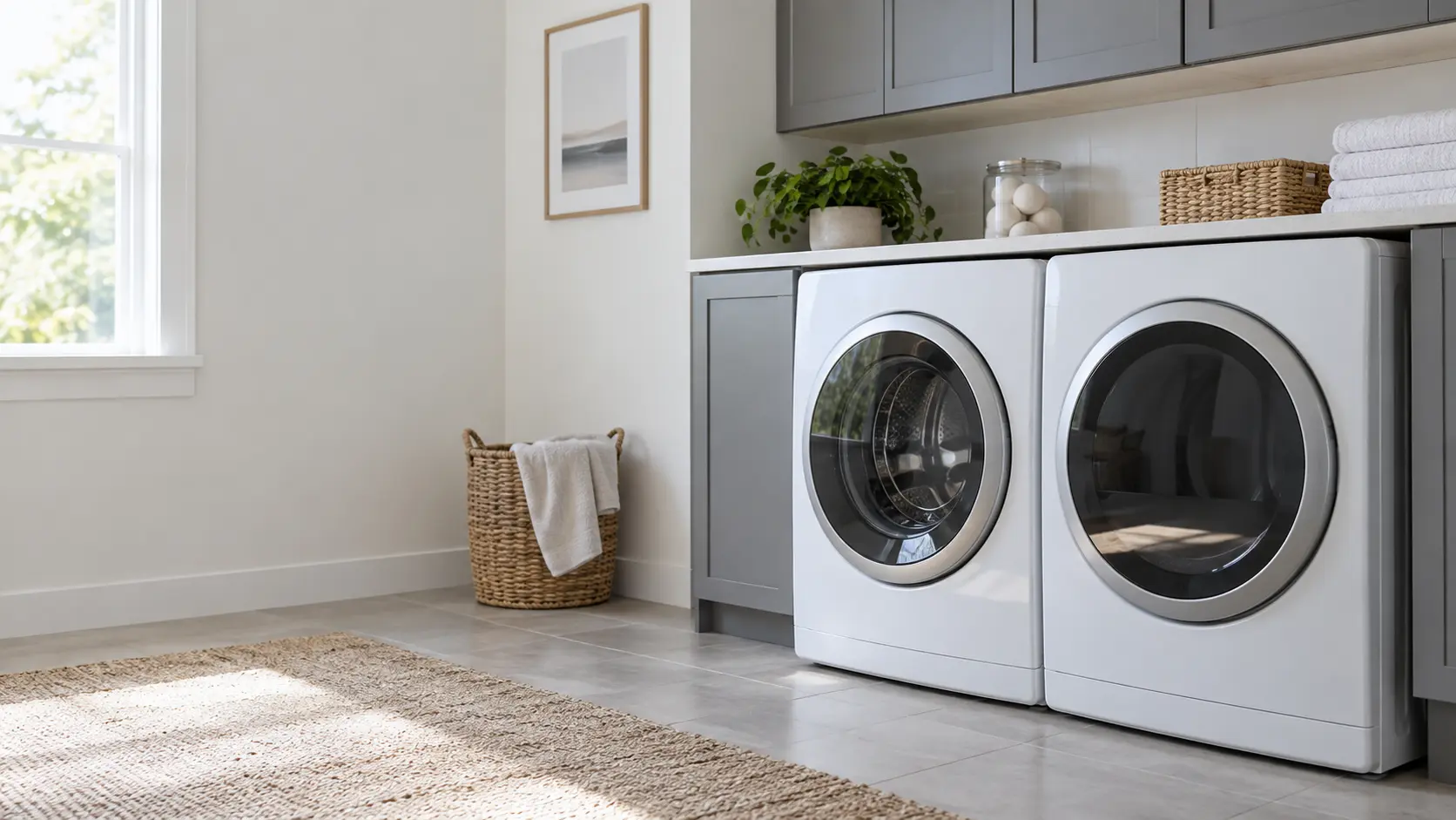 A home laundry room with a washer and dryer and gray slab cabinets, seen close at the appliance being serviced.