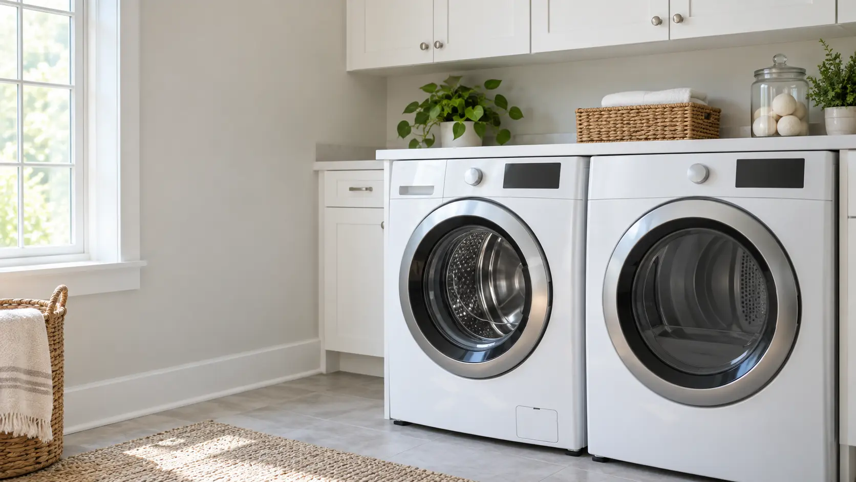 A home laundry room with a washer and dryer and white shaker cabinets, seen close at the appliance being serviced.