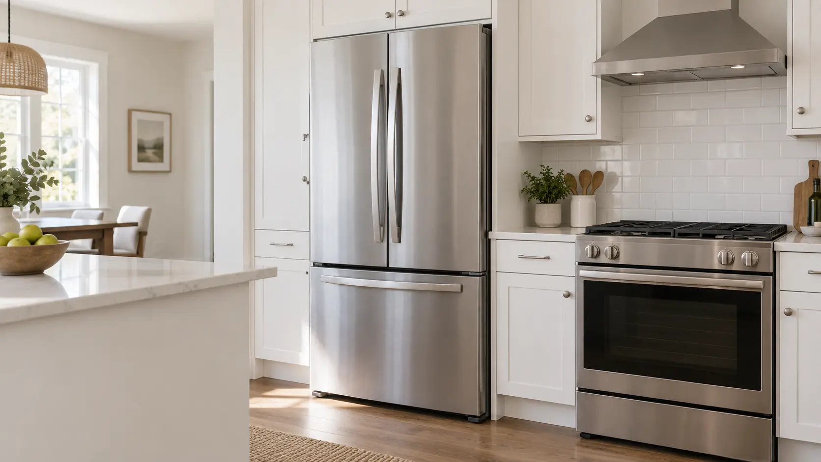A home kitchen with a refrigerator and a range and white shaker cabinets, seen close at the appliance being serviced.