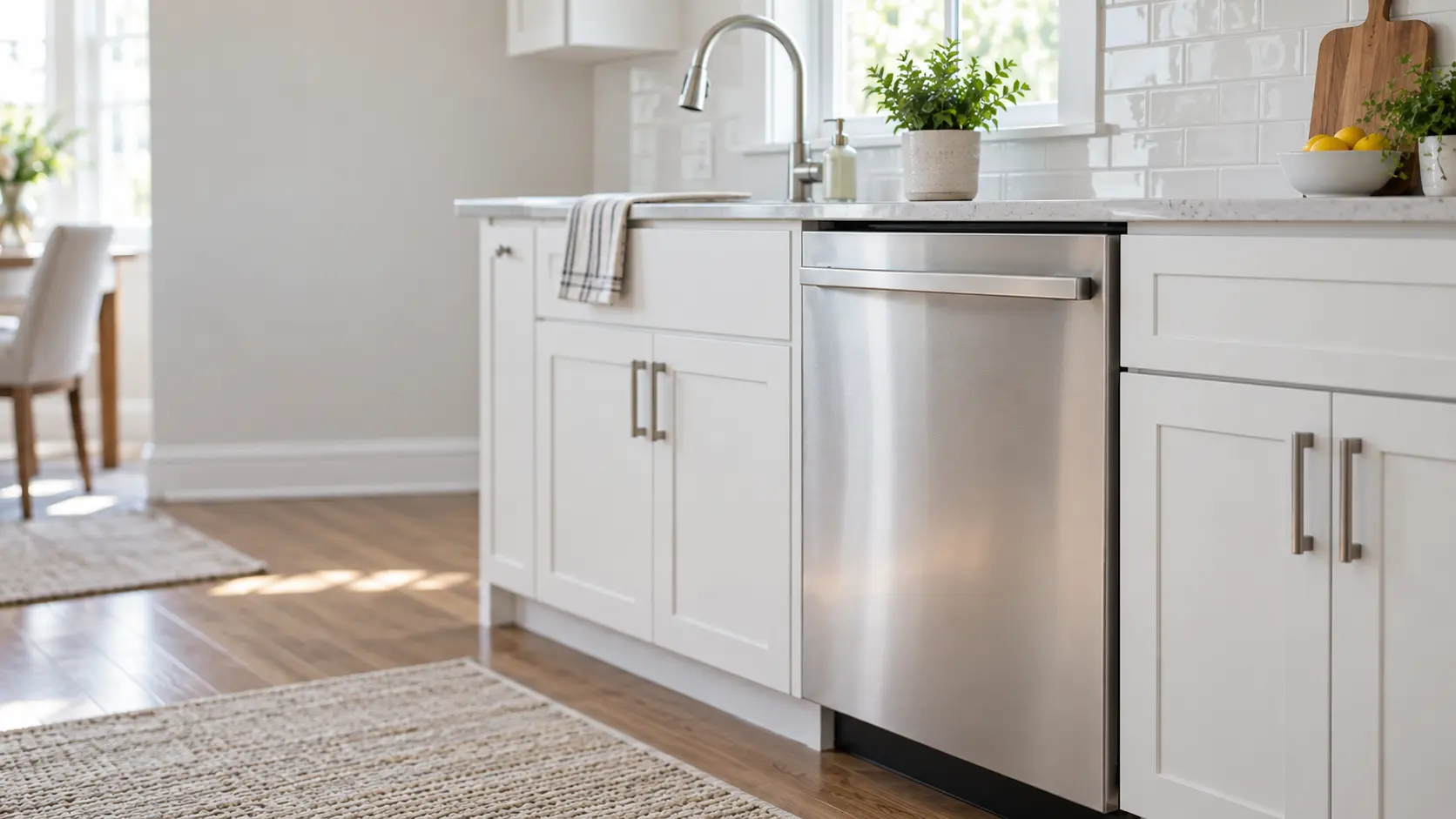 A home kitchen with a dishwasher beside the sink and white shaker cabinets, seen close at the appliance being serviced.