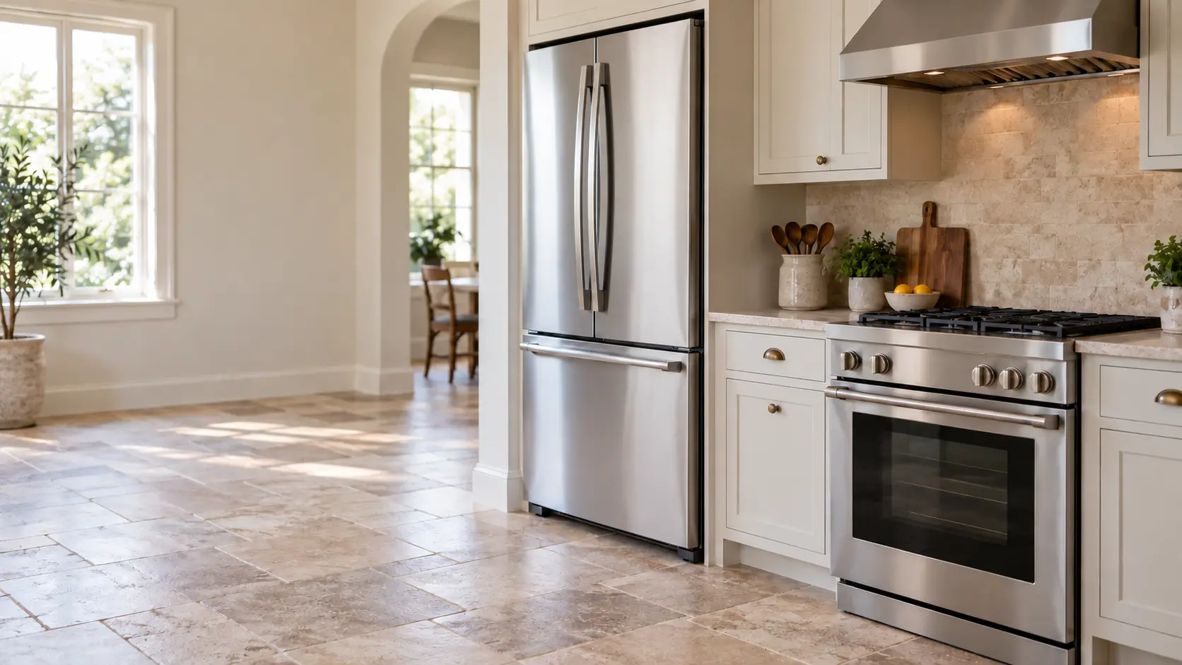 A home kitchen with a refrigerator and a range and travertine pavers, seen close at the appliance being serviced.