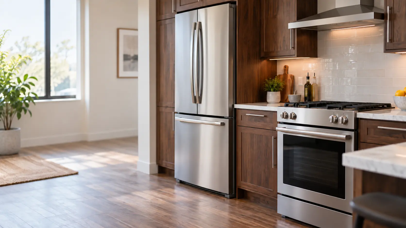 A home kitchen with a refrigerator and a range and dark walnut cabinets, seen close at the appliance being serviced.