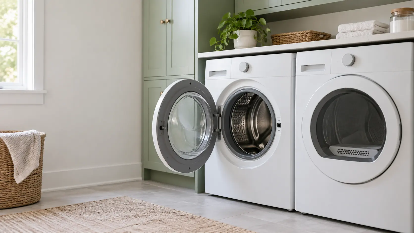 A home laundry room with a washer and dryer and sage green cabinets, seen close at the appliance being serviced.