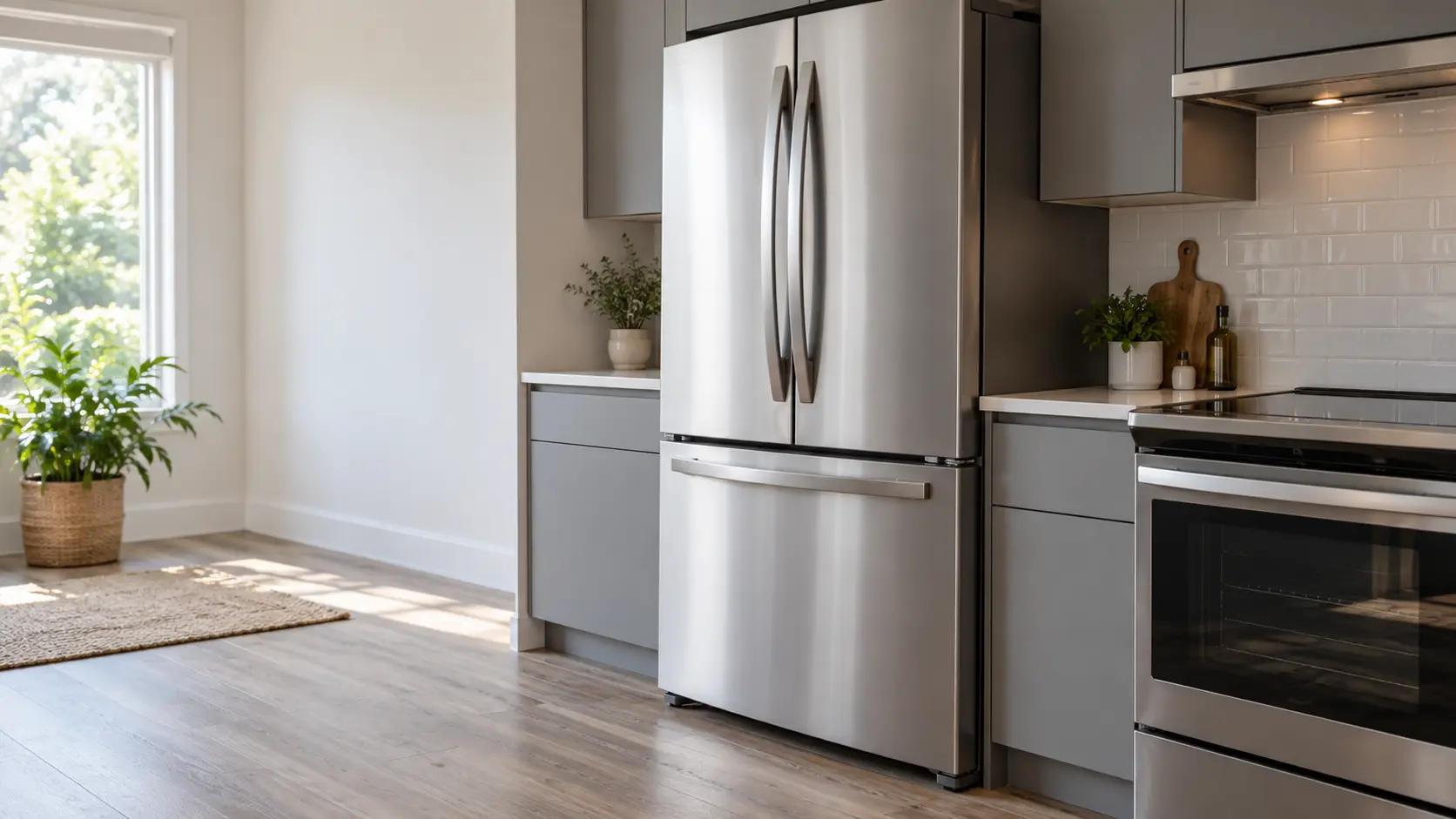 A home kitchen with a refrigerator and a range and gray slab cabinets, seen close at the appliance being serviced.