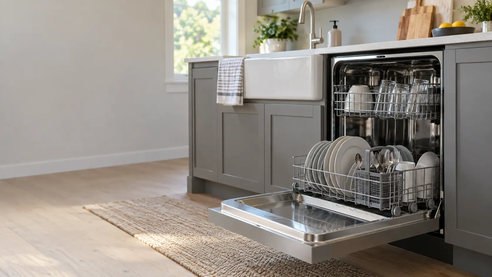 A home kitchen with a dishwasher beside the sink and gray slab cabinets, seen close at the appliance being serviced.