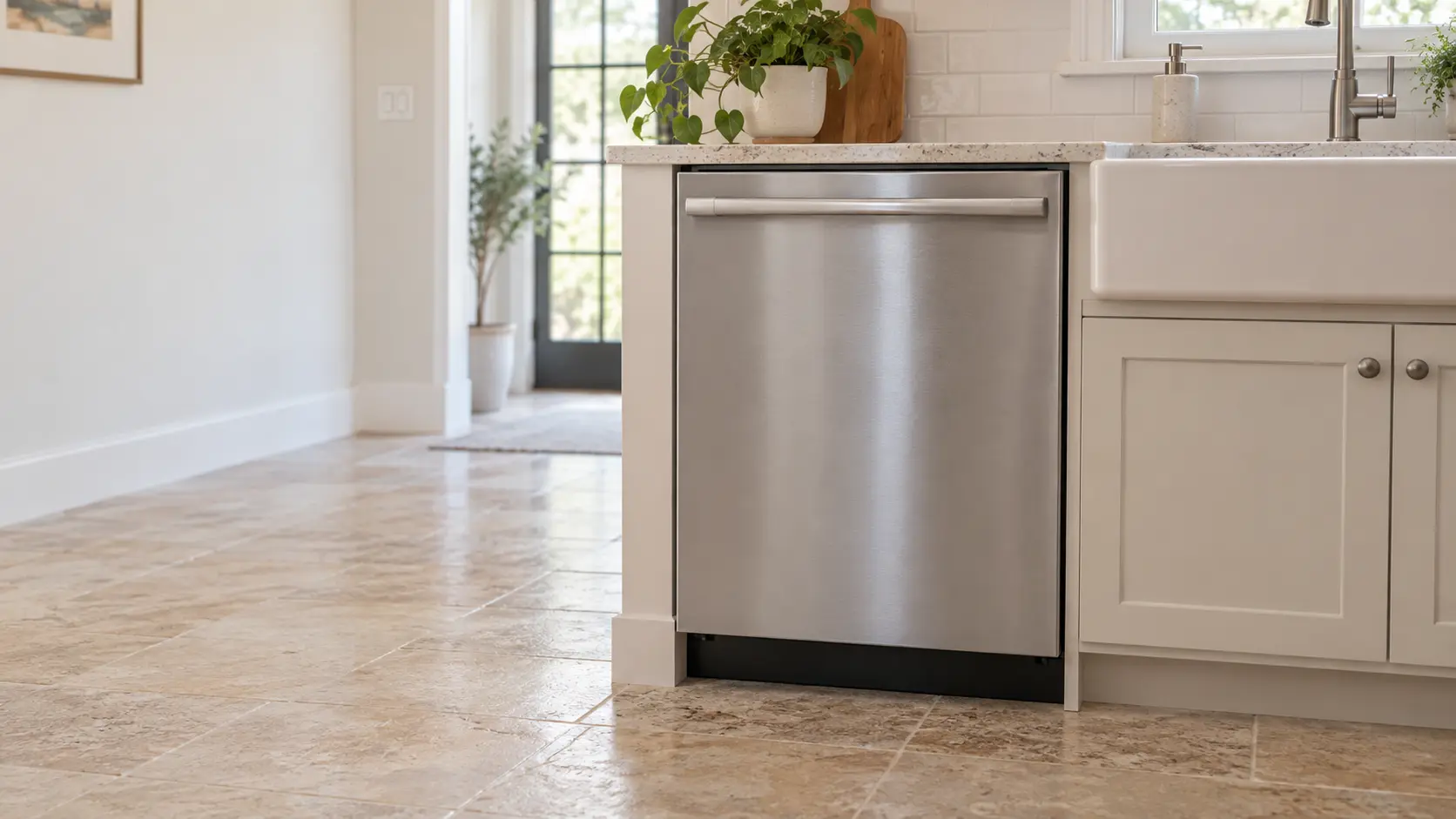 A home kitchen with a dishwasher beside the sink and travertine pavers, seen close at the appliance being serviced.