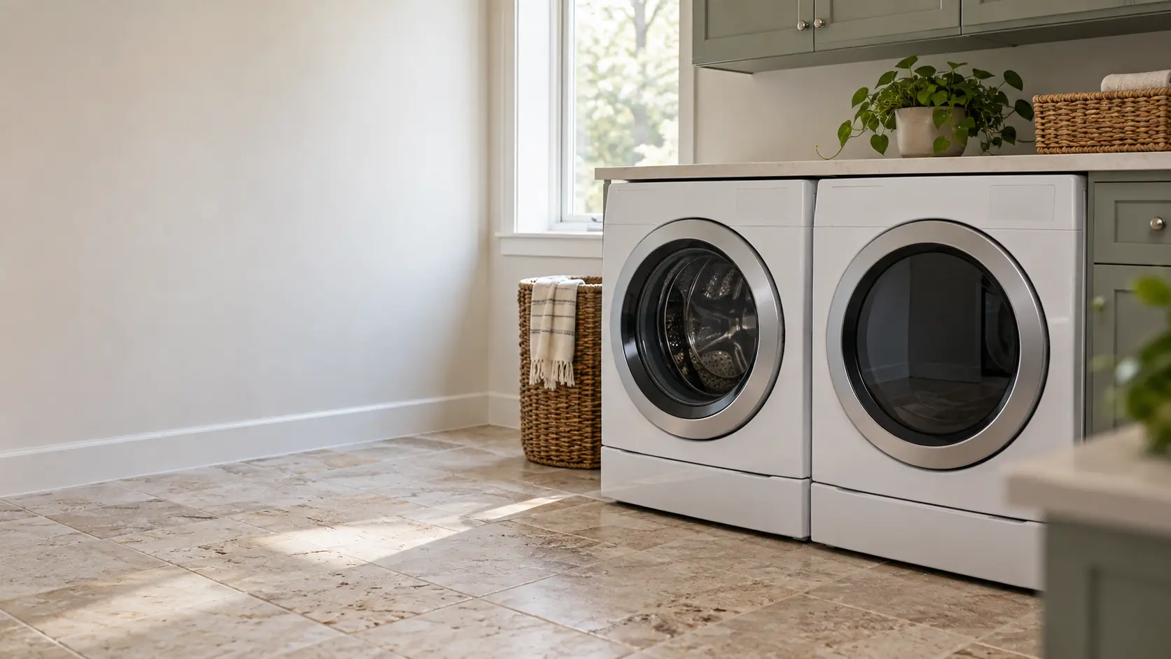 A home laundry room with a washer and dryer and travertine pavers, seen close at the appliance being serviced.