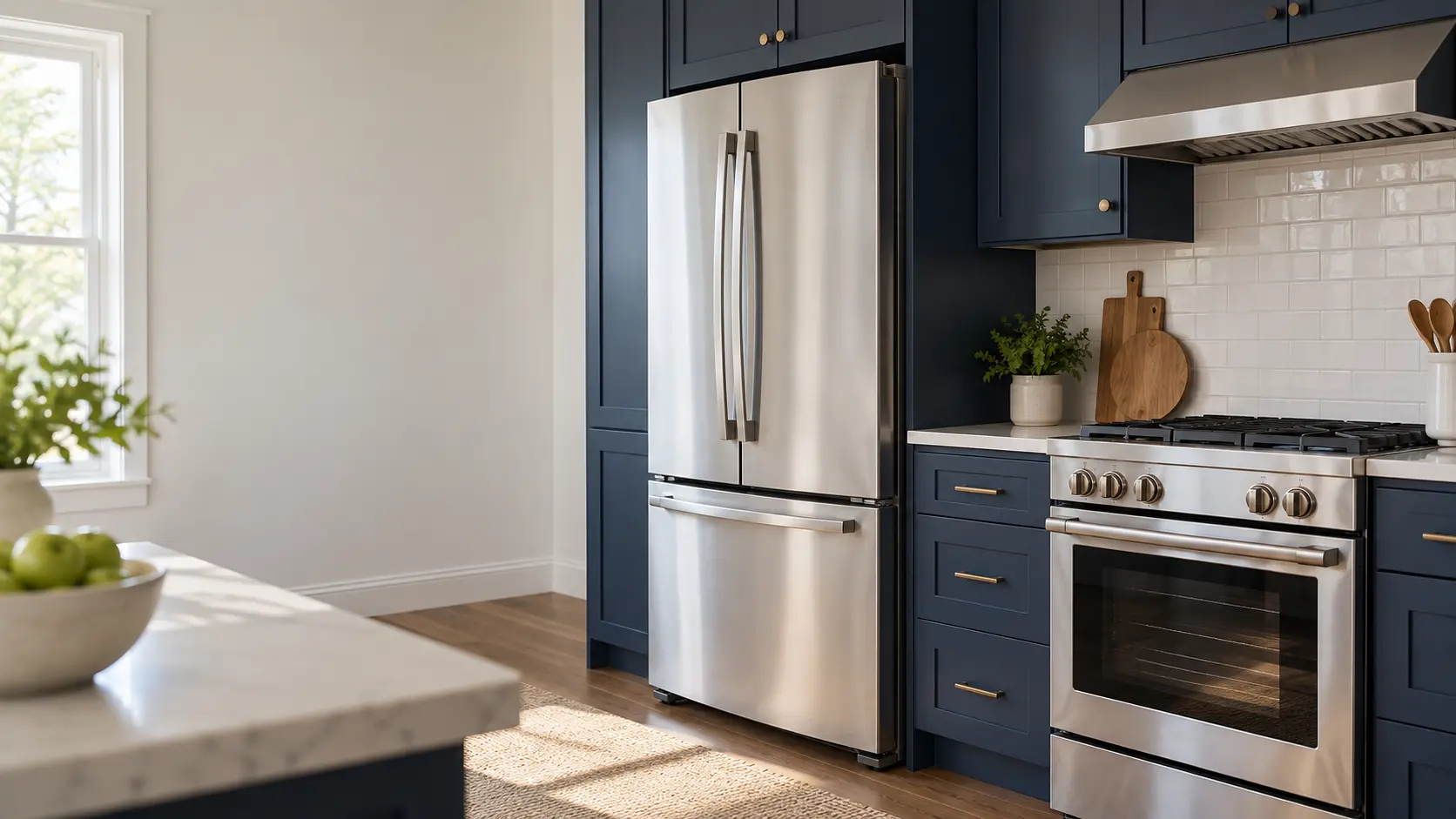 A home kitchen with a refrigerator and a range and navy painted cabinets, seen close at the appliance being serviced.