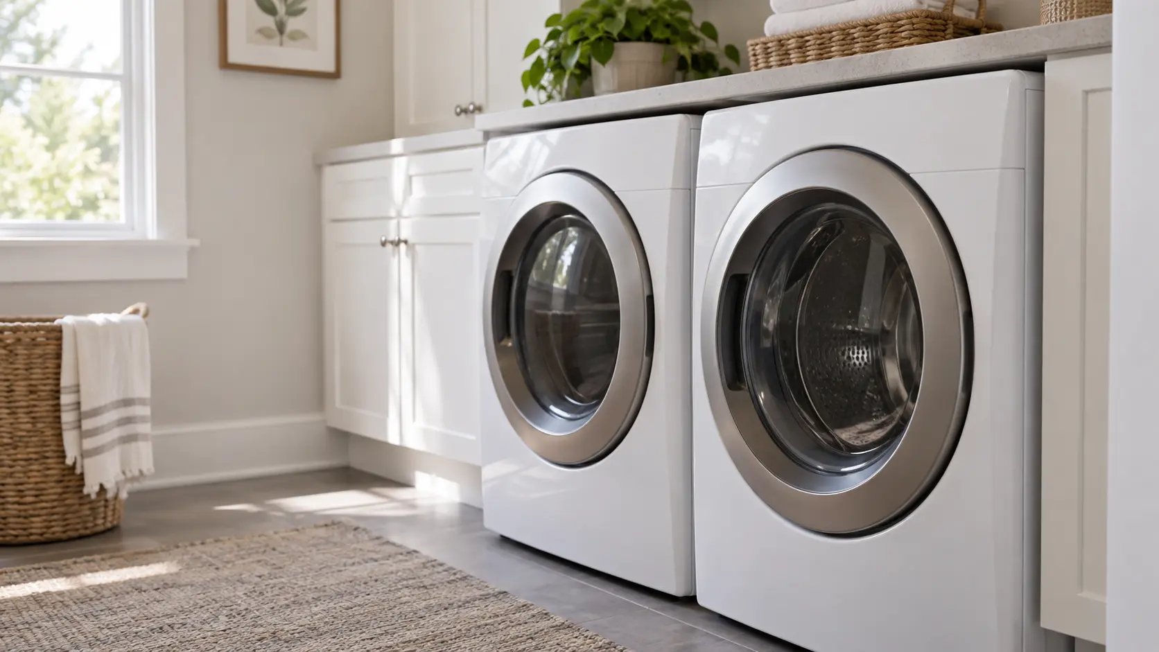 A home laundry room with a washer and dryer and white shaker cabinets, seen close at the appliance being serviced.