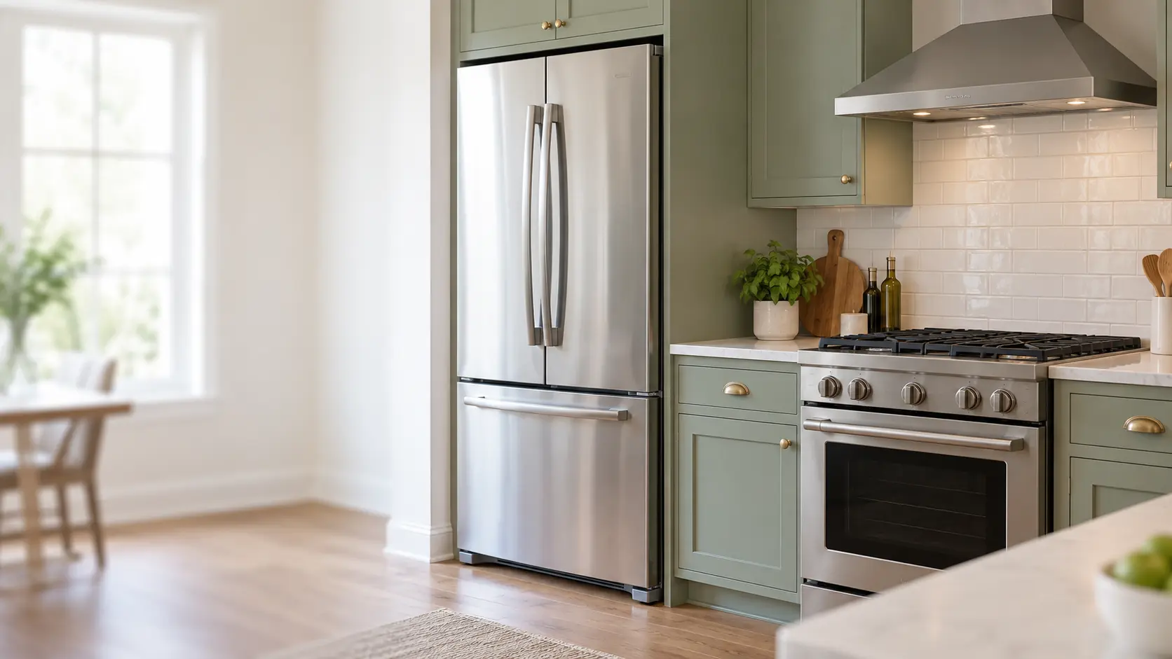 A home kitchen with a refrigerator and a range and sage green cabinets, seen close at the appliance being serviced.