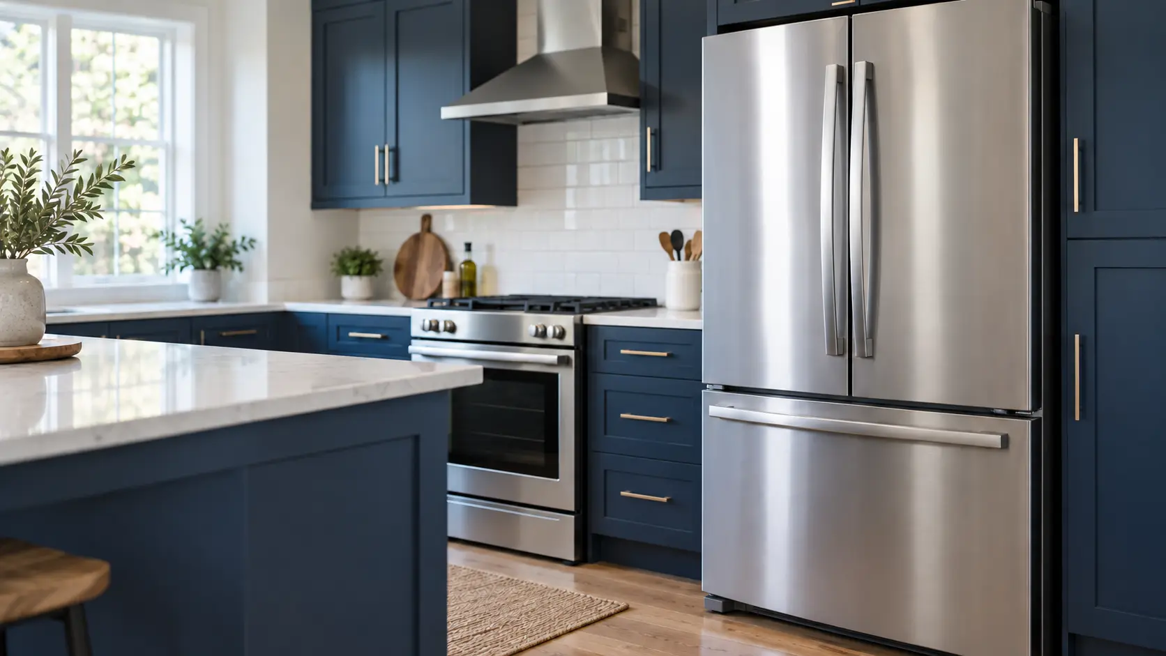 A home kitchen with a refrigerator and a range and navy painted cabinets, seen close at the appliance being serviced.