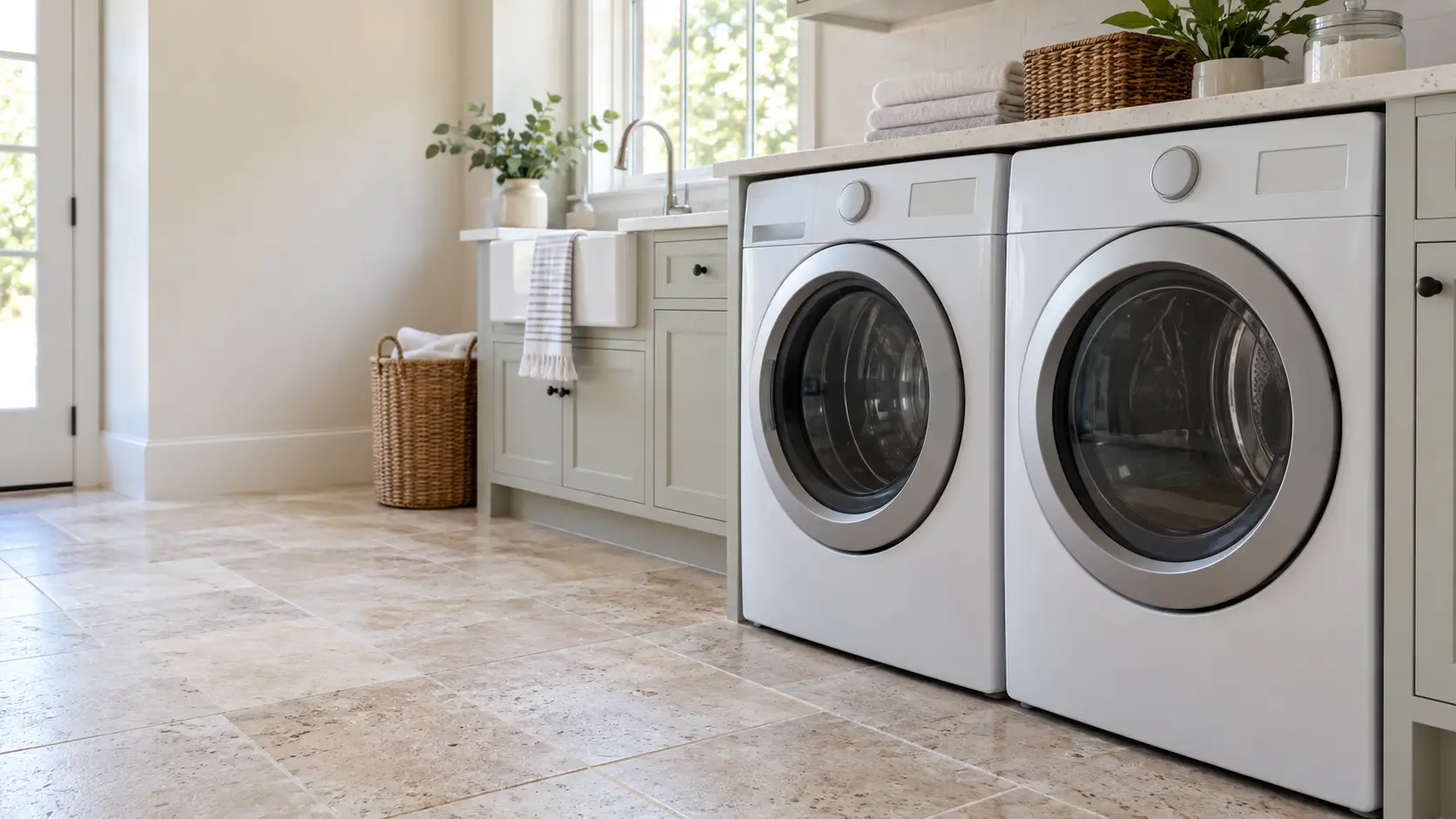 A home laundry room with a washer and dryer and travertine pavers, seen close at the appliance being serviced.