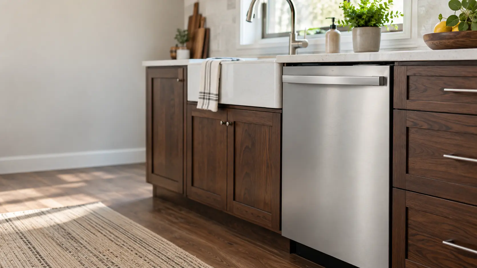 A home kitchen with a dishwasher beside the sink and dark walnut cabinets, seen close at the appliance being serviced.
