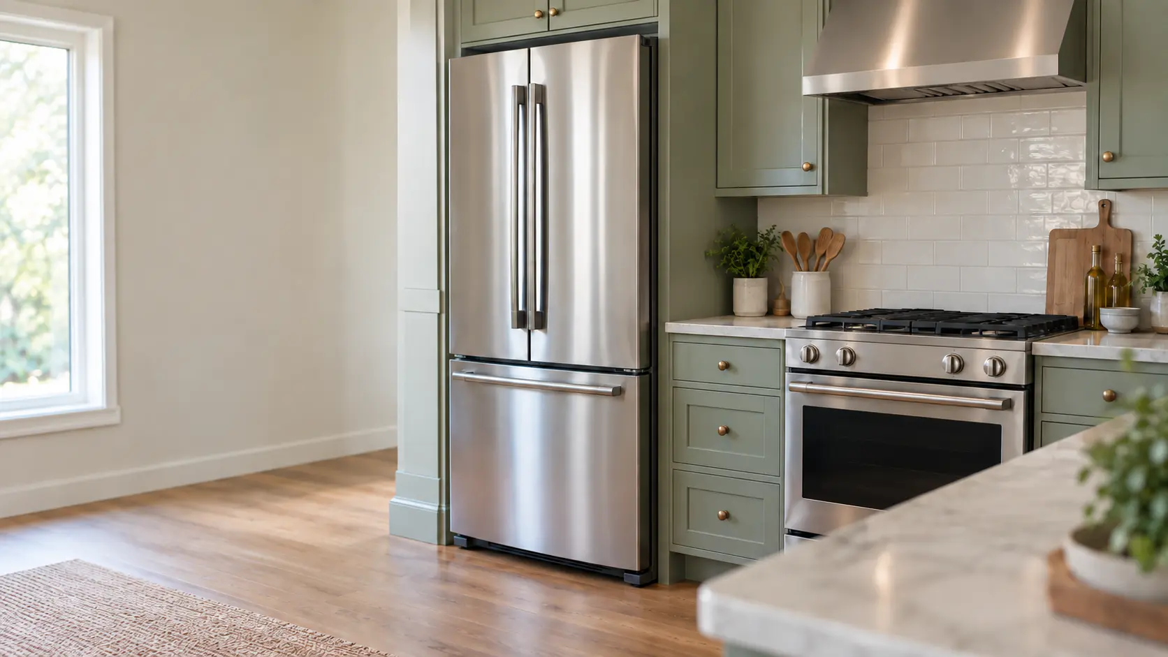 A home kitchen with a refrigerator and a range and sage green cabinets, seen close at the appliance being serviced.