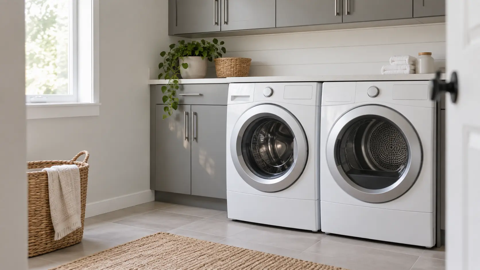 A home laundry room with a washer and dryer and gray slab cabinets, seen close at the appliance being serviced.