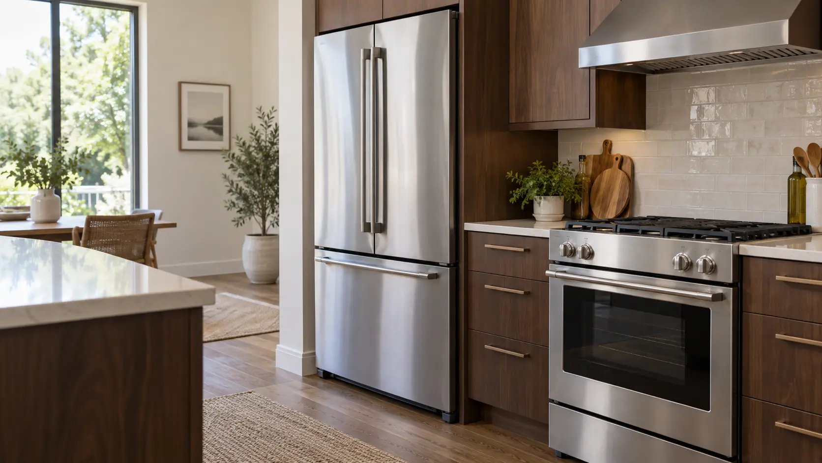 A home kitchen with a refrigerator and a range and dark walnut cabinets, seen close at the appliance being serviced.