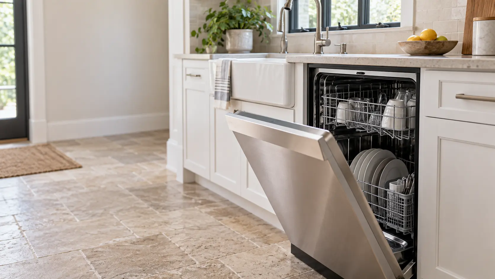 A home kitchen with a dishwasher beside the sink and travertine pavers, seen close at the appliance being serviced.