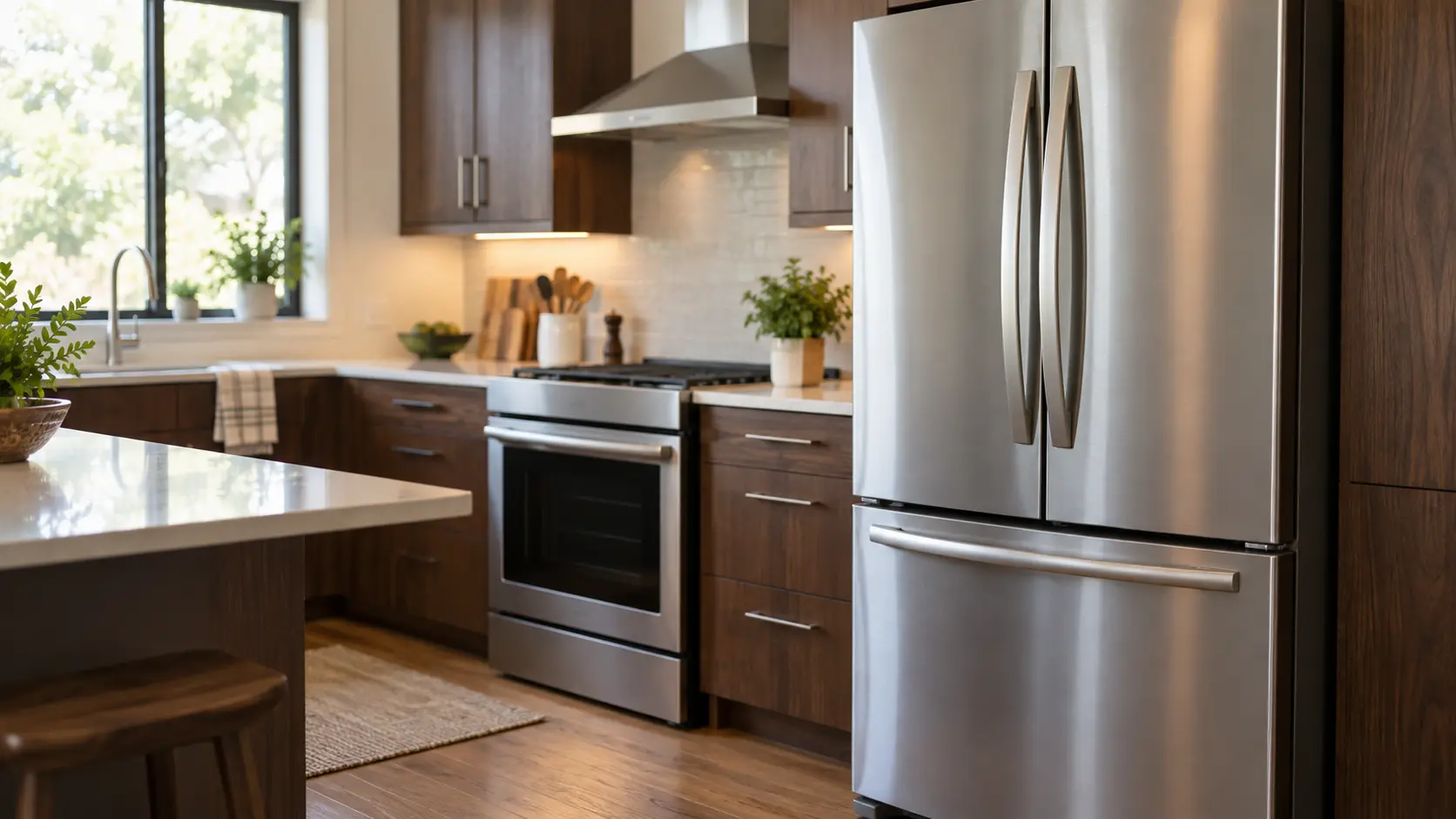 A home kitchen with a refrigerator and a range and dark walnut cabinets, seen close at the appliance being serviced.