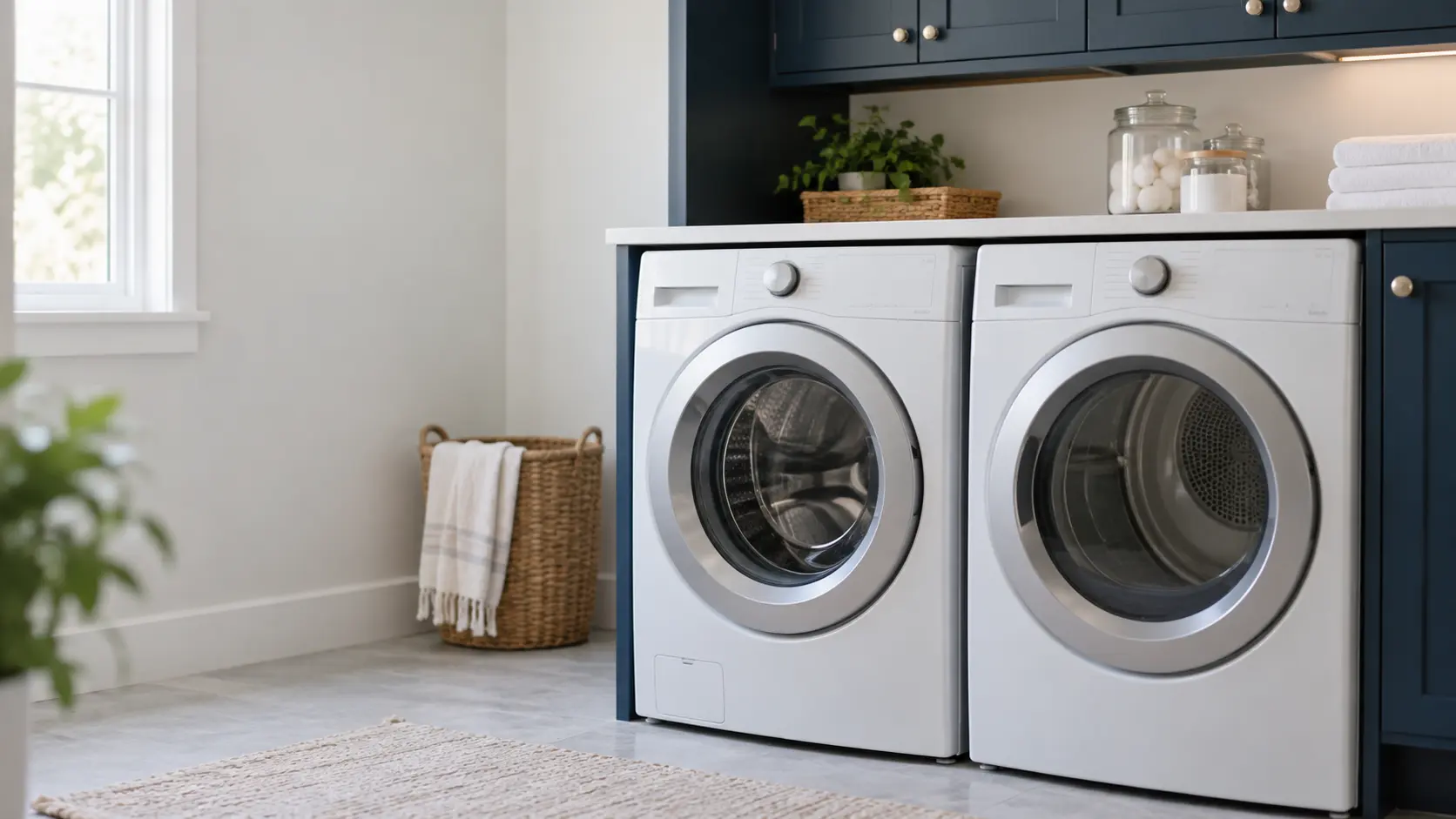 A home laundry room with a washer and dryer and navy painted cabinets, seen close at the appliance being serviced.
