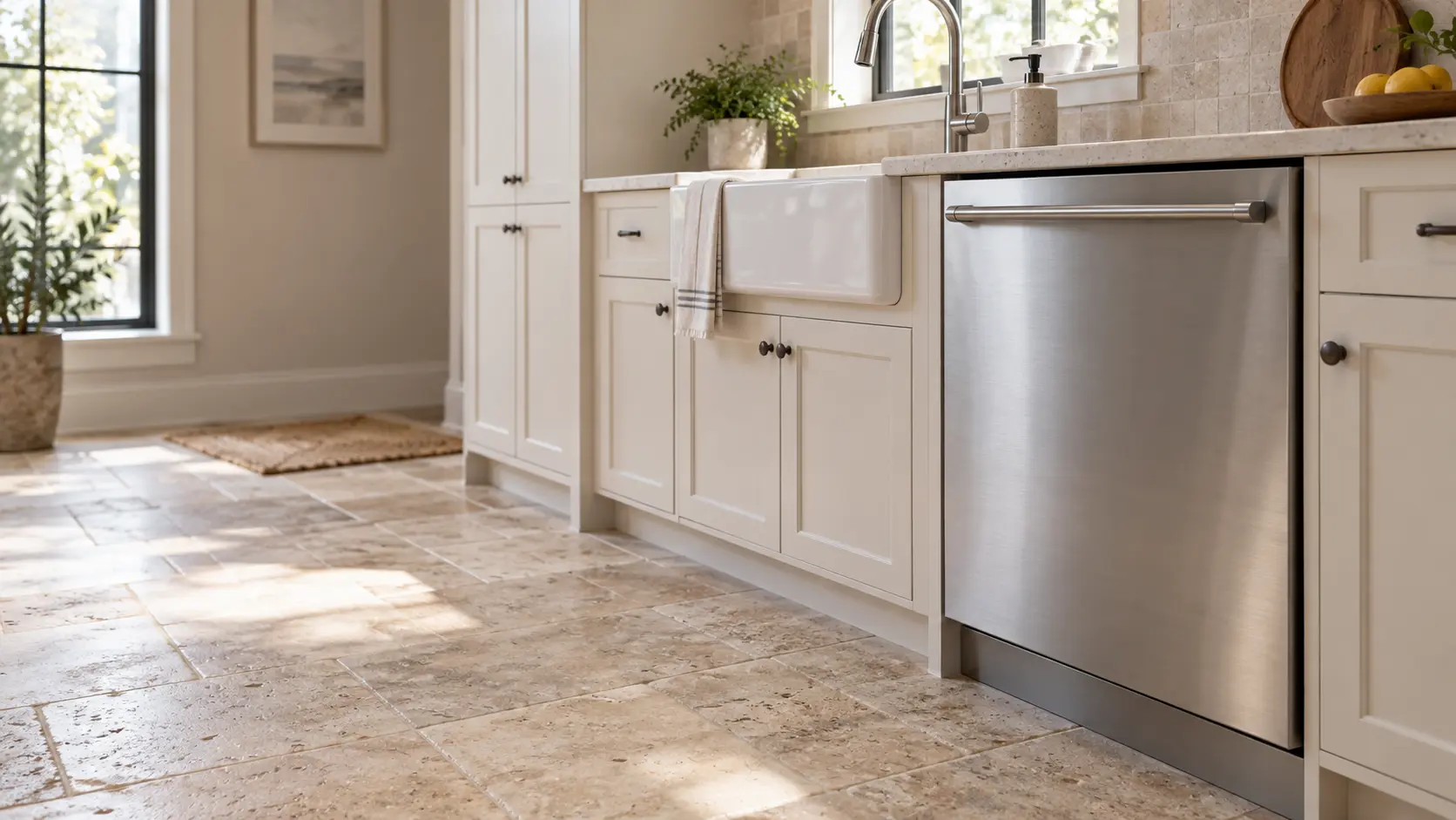 A home kitchen with a dishwasher beside the sink and travertine pavers, seen close at the appliance being serviced.
