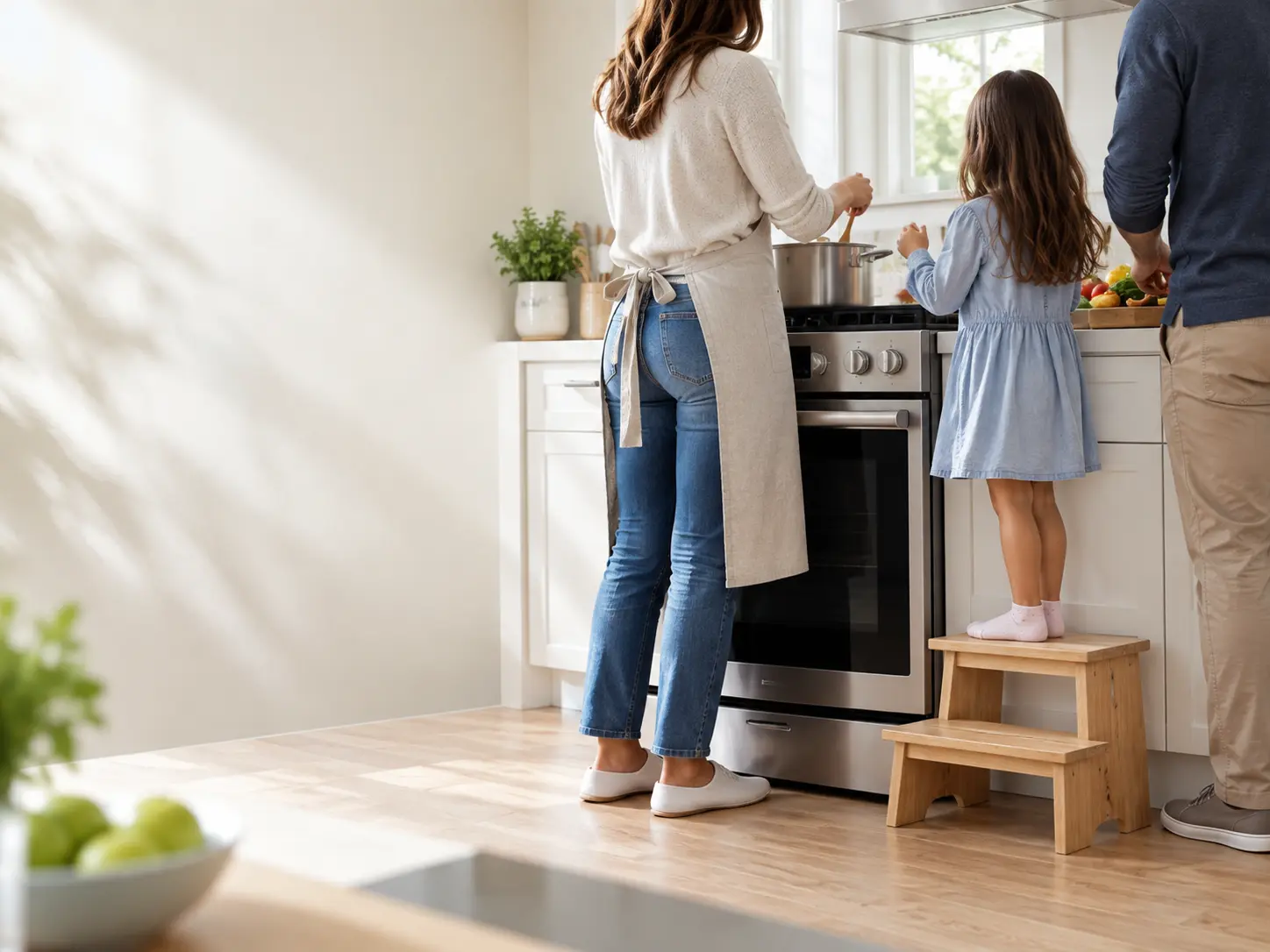 A family sharing breakfast in a bright, well-kept home kitchen.