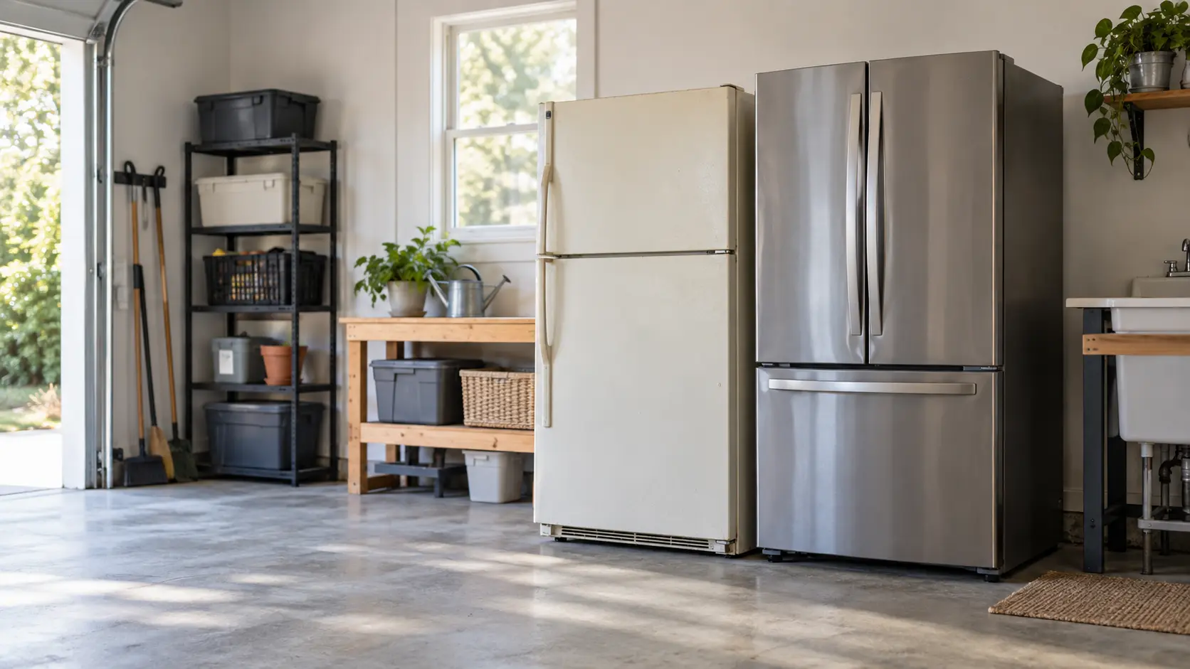 An older and a newer refrigerator side by side in a garage workshop.