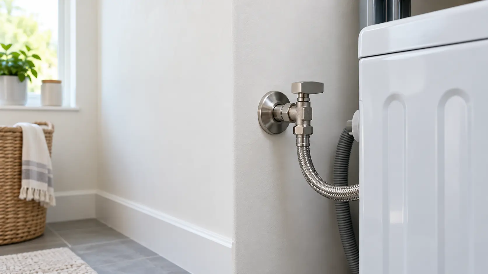 A braided stainless supply hose and its shutoff valve behind a washer.