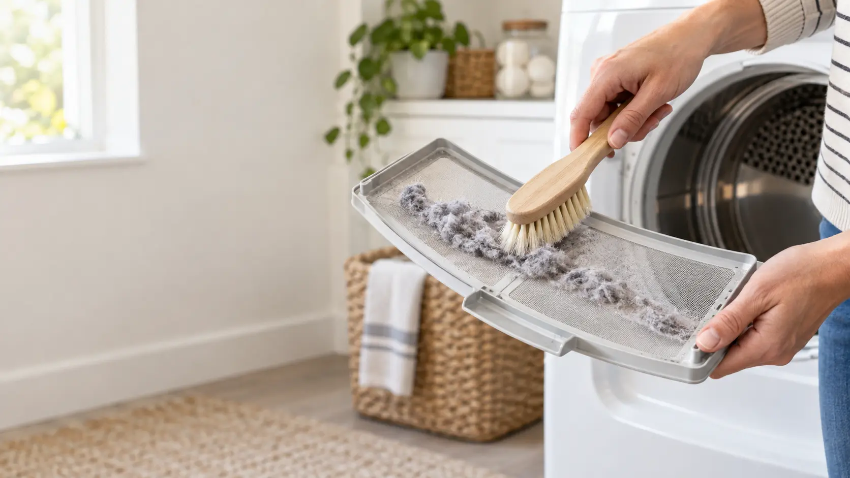 A soft brush lifting lint from a dryer's lint screen, seen close.