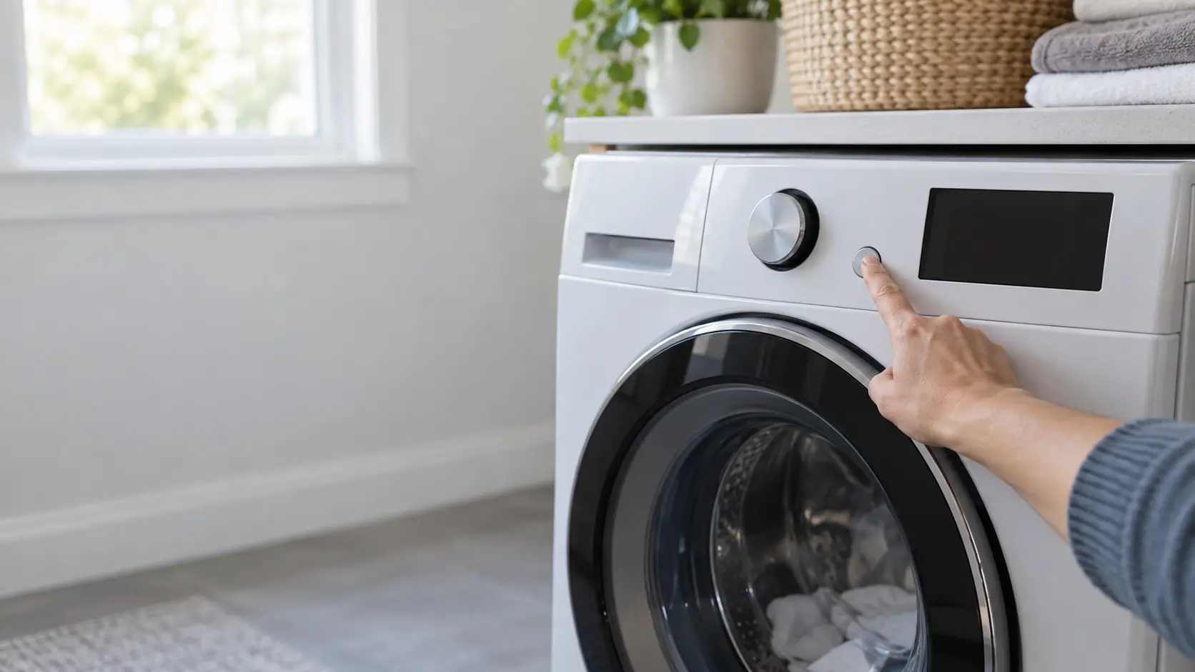 A finger on the control panel of a washer, the display dark.