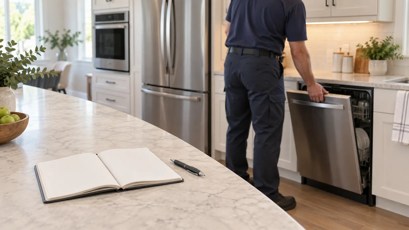 A bright home kitchen with a stainless refrigerator, a built-in oven and a dishwasher in light cabinetry, a plain open notebook and a pen on the counter in the foreground, a technician seen from behind and shoulders down in the soft background closing the dishwasher door, calm afternoon light.