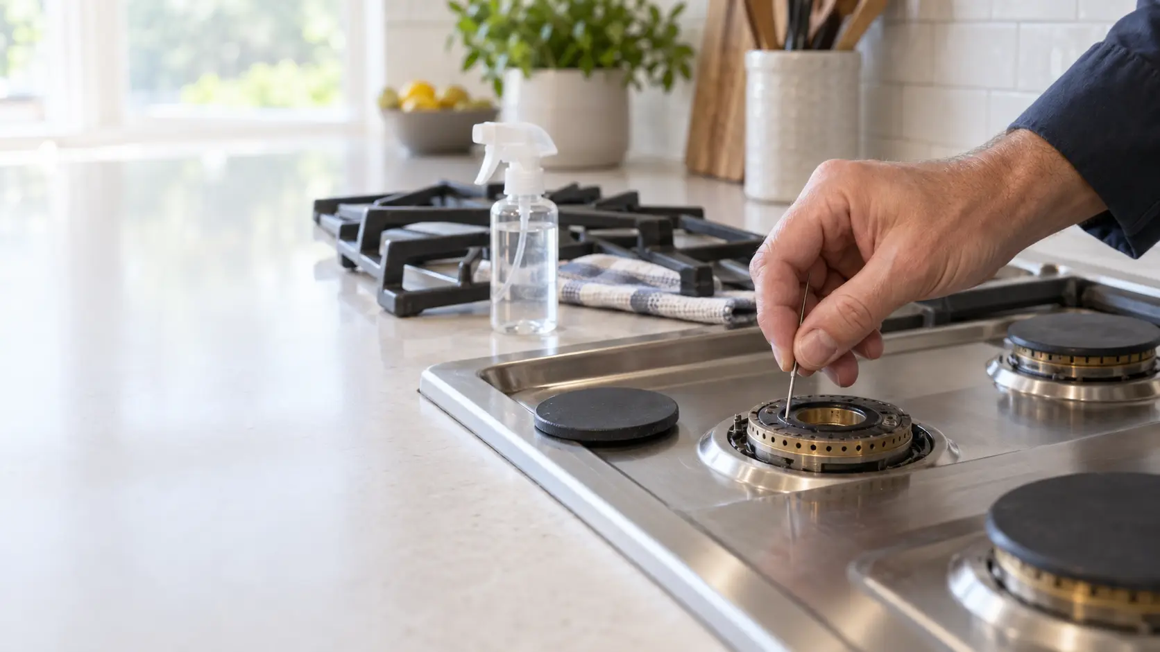 Close view of a home gas cooktop with its cast iron grates lifted off, one brass burner head exposed with its cap set aside, a technician's hand seen only from the wrist down clearing a port with a thin straight pin, every burner off and no flame, a small spray bottle of leak detector on the counter, soft daylight.