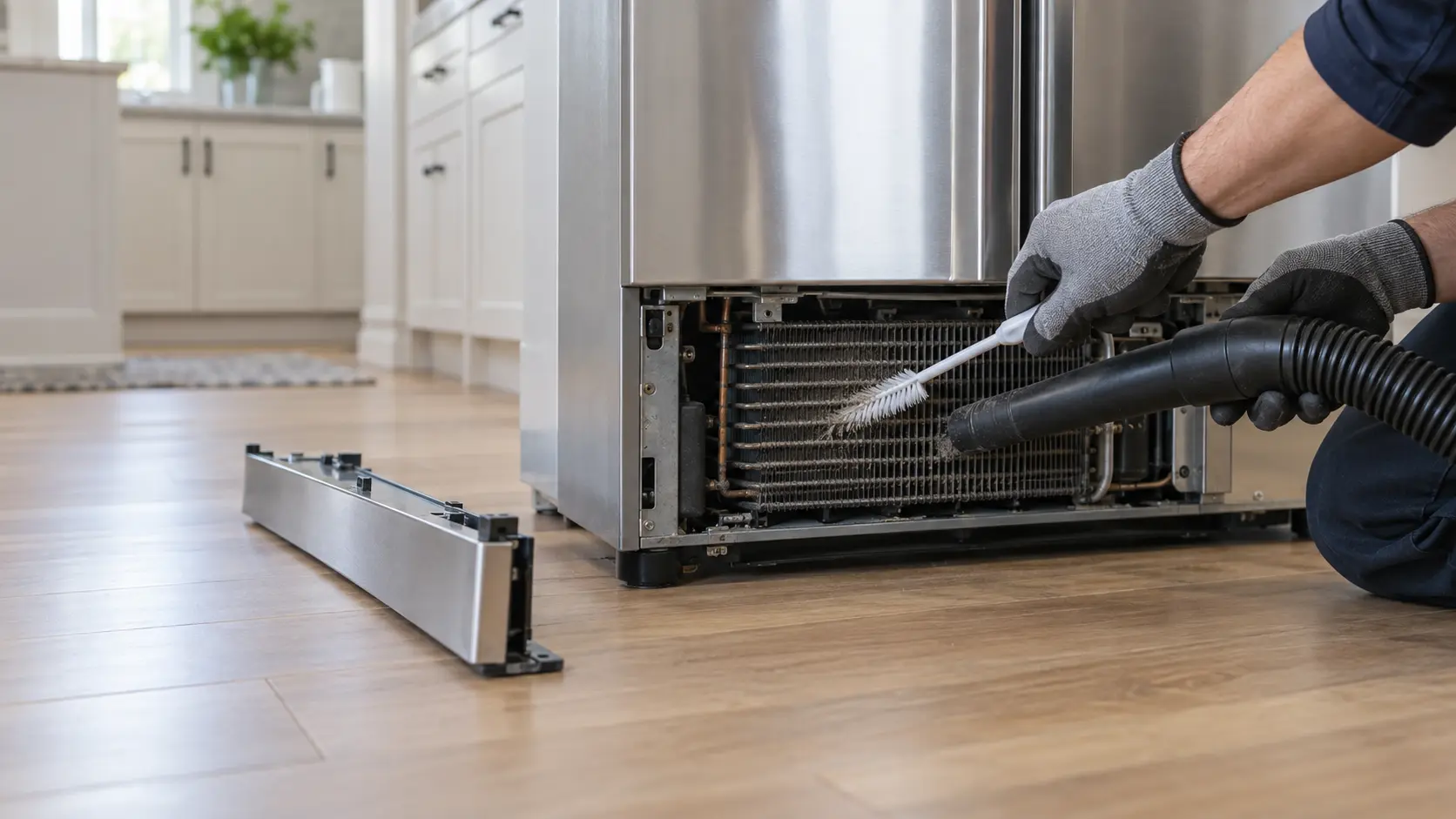 Close view at floor level in a home kitchen, the kick plate removed from under a stainless refrigerator and set aside, a technician's gloved hand seen from the shoulders down sliding a long thin white condenser brush between the dusty coil fins, a vacuum nozzle held just beside it, light wood floor, soft daylight.