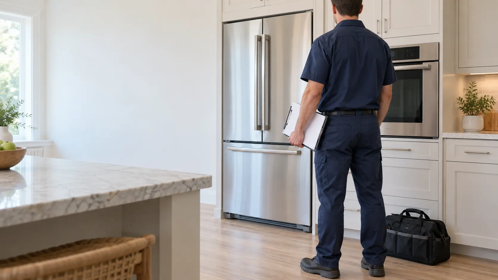 A technician in a plain navy work shirt seen from behind and shoulders down, standing in a bright home kitchen with a plain clipboard in one hand, looking toward a stainless built-in refrigerator and a wall of cabinetry with a built-in oven, a small closed tool bag on the floor beside him, calm morning light.