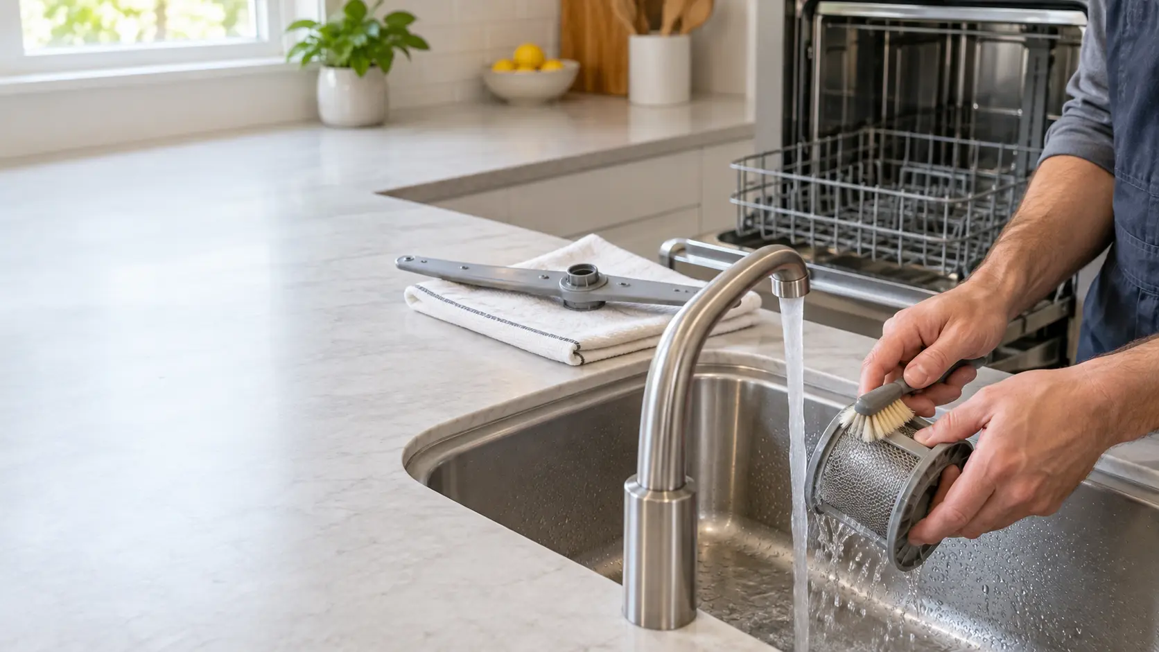 Close view of a stainless home kitchen sink with warm water running, a technician's hands seen from the shoulders down scrubbing a round mesh dishwasher filter with a soft brush, a removed lower spray arm resting on a folded towel on the counter beside the open empty dishwasher, soft daylight.
