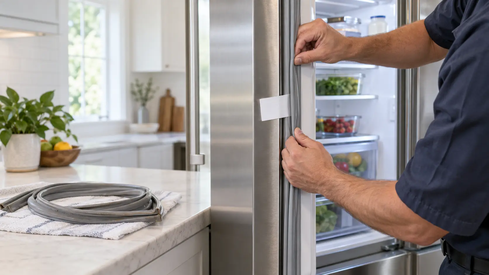 The open door of a stainless refrigerator in a bright home kitchen, a technician's hands seen from the shoulders down pressing a new gray magnetic door gasket into its channel along the hinge side, the old gasket coiled on a towel on the counter, a strip of plain white paper caught in the door edge, soft daylight.