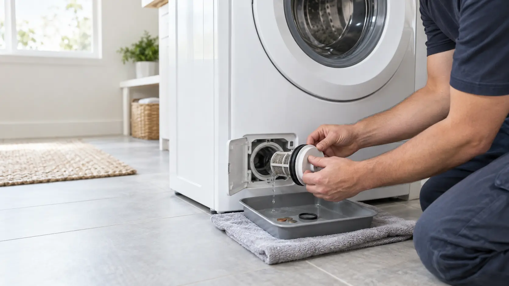 Low view of a white front-loading washer in a clean home laundry room, the small access door at the bottom front open, a technician's hands seen from the shoulders down unscrewing the round drain filter over a shallow pan with a folded towel under it, a few coins and a hair tie resting in the pan, soft daylight.