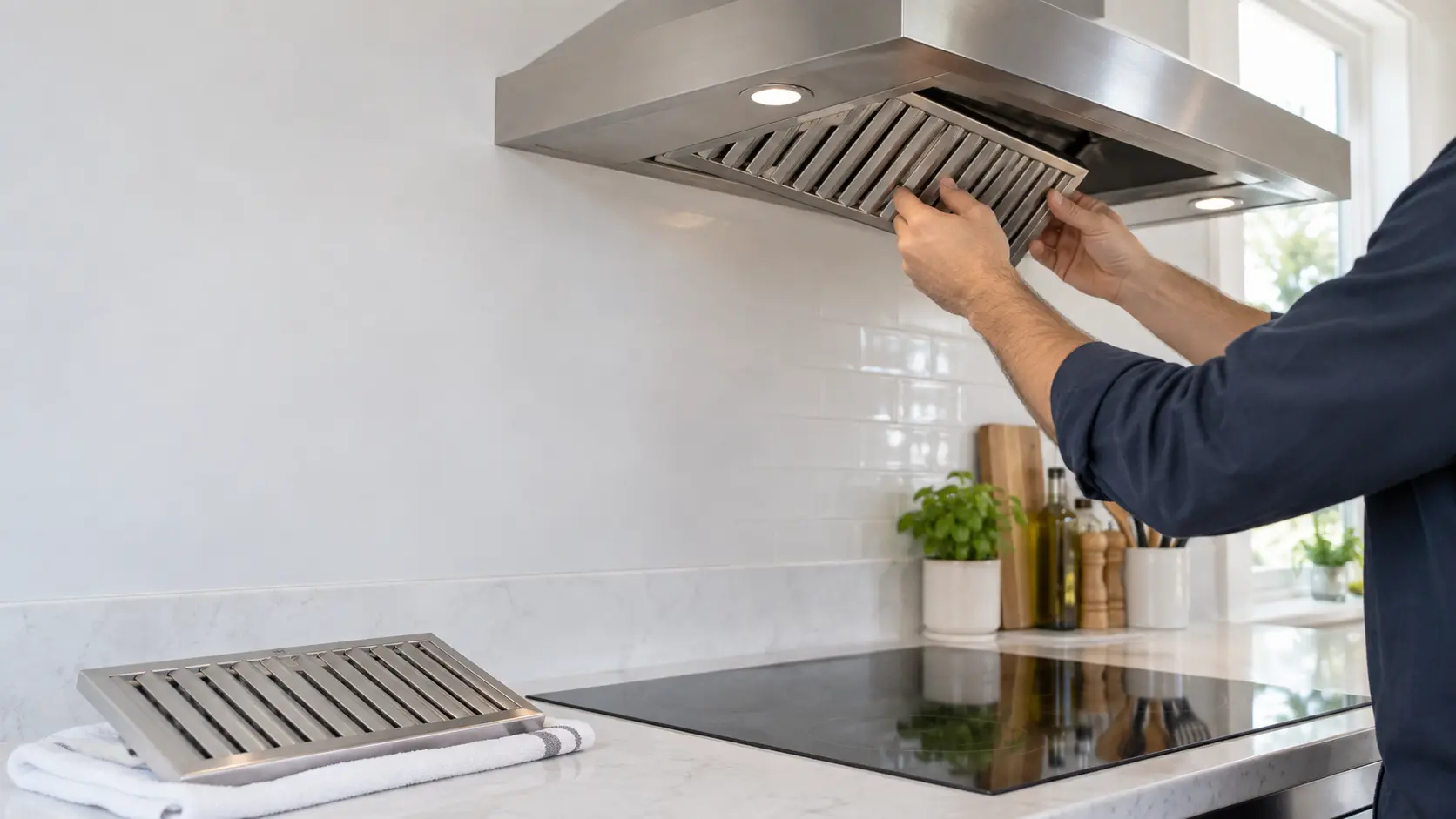 A stainless wall hood over a home cooktop in a bright kitchen, a technician's hands seen from the shoulders down sliding a clean shining baffle filter back up into the hood's underside, a second filter resting on a folded towel on the counter, the cooktop off and cold, soft daylight.