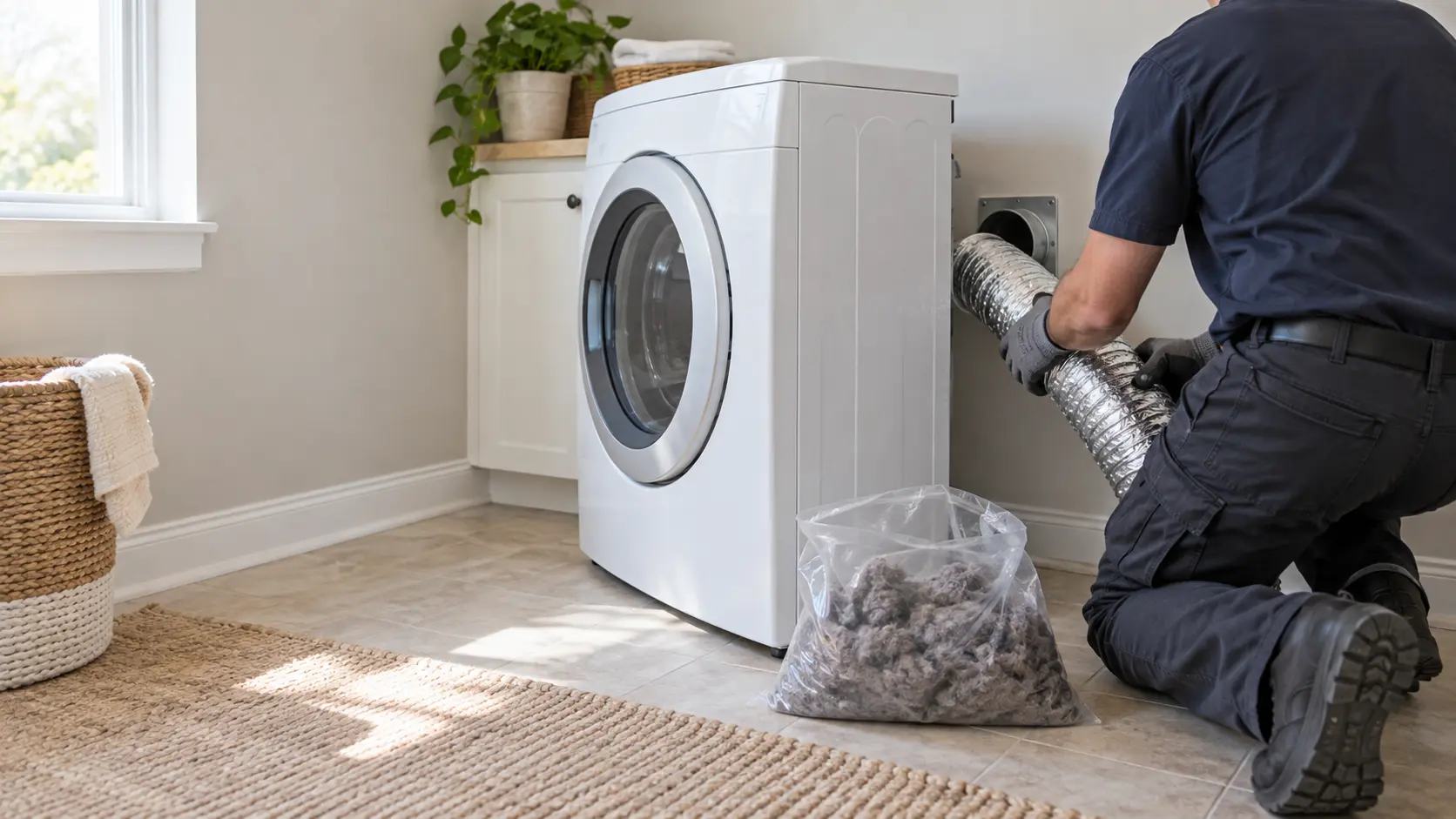 A home laundry room with a front-loading vented machine pulled out from the wall, a technician seen only from behind and shoulders down on one knee holding a length of silver flexible duct, a thick gray mat of lint pulled from it lying in a clear bag on the floor, a round metal exhaust collar in the painted wall behind, soft daylight.